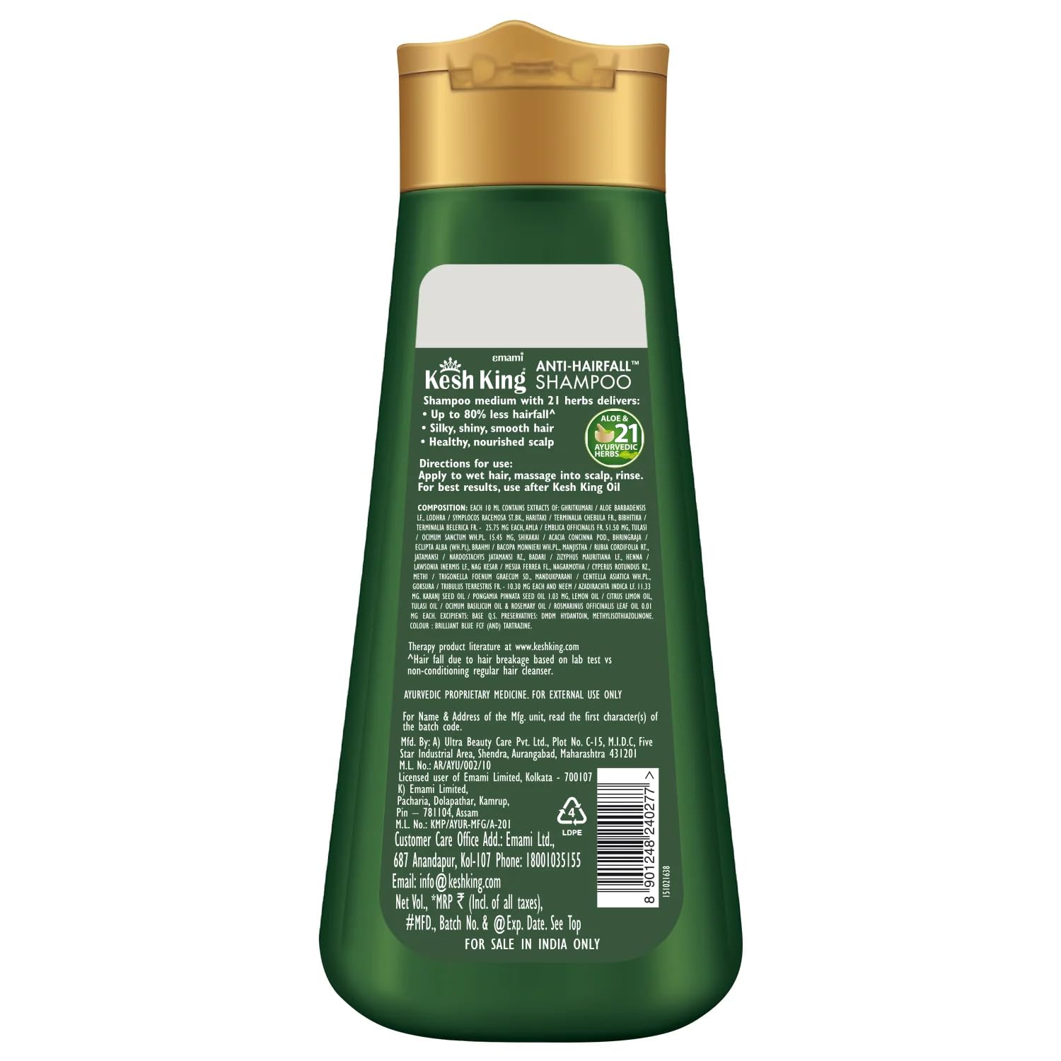 KESH KING Anti Hairfall Shampoo with 21 Ayurvedic Herbs & Aloe Vera - 6.76 Fl Oz for Healthy Scalp & Shiny Hair