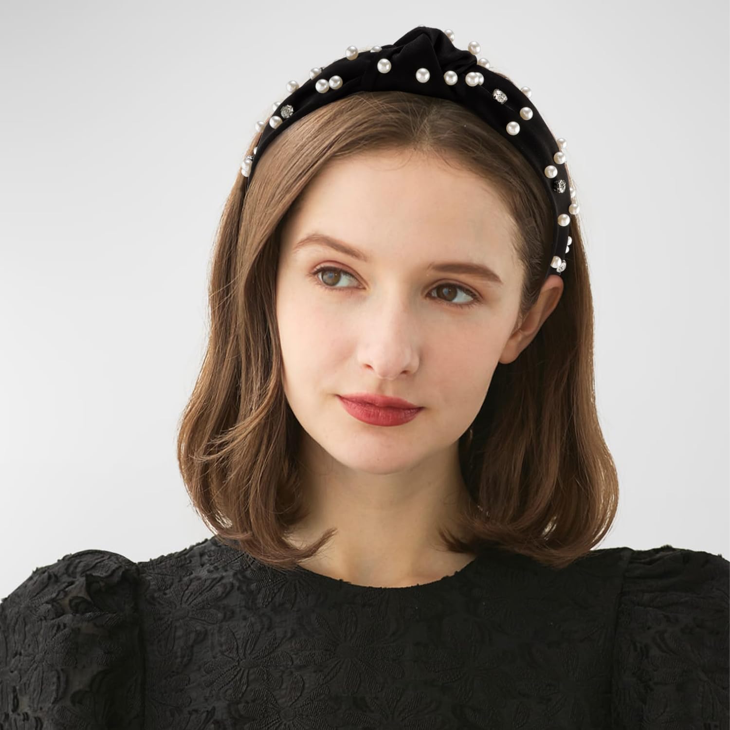 Atoden Pearl Headband Black Knotted Rhinestone Headbands Wide Top Knot Headbands Beaded Headband Jeweled Head Bands For Women'S