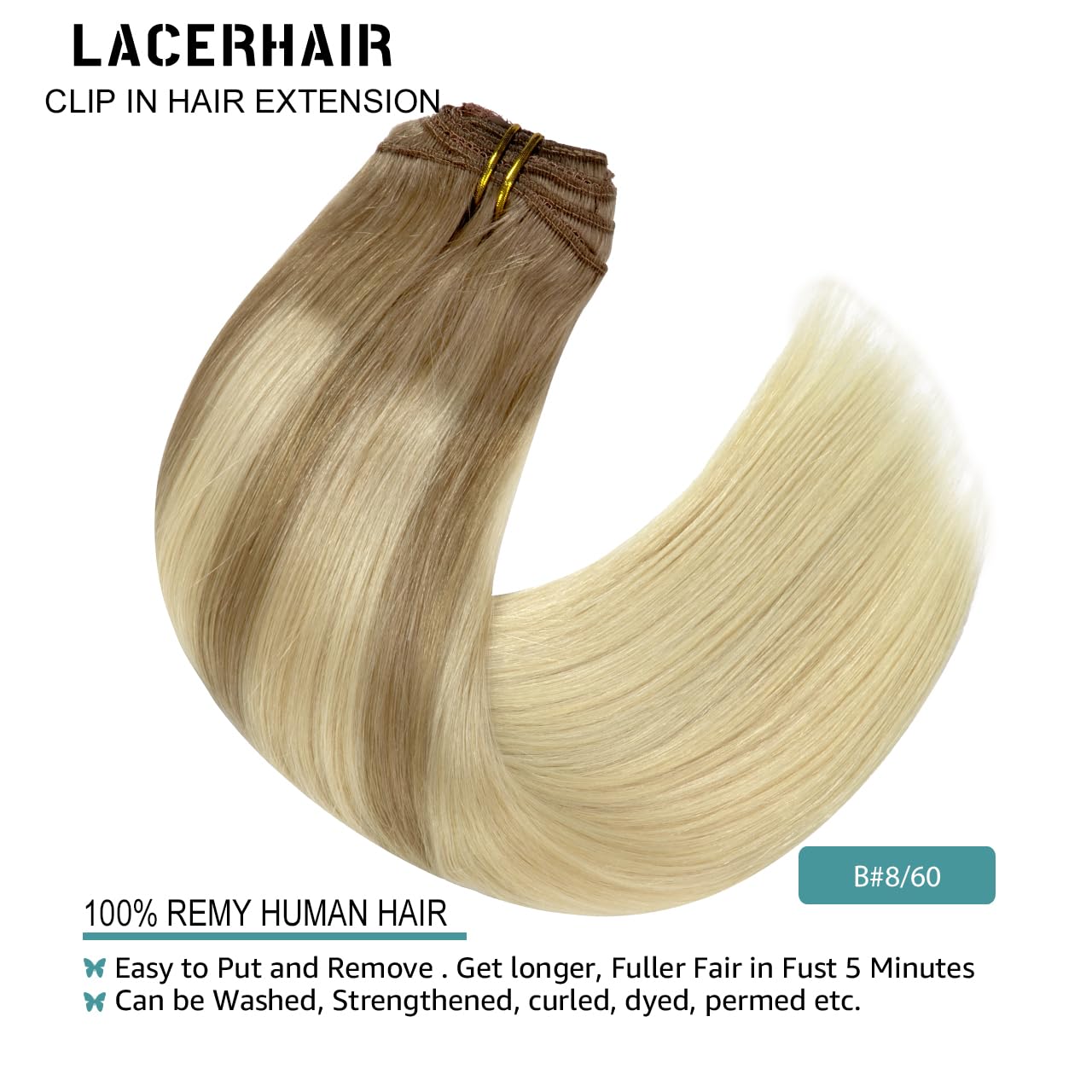 Lacer Balayage Clip In Hair Extensions B#8/60 Light Brown Fading To Platinum Blonde Color Remy Human Hair Extensions Clip In Rea