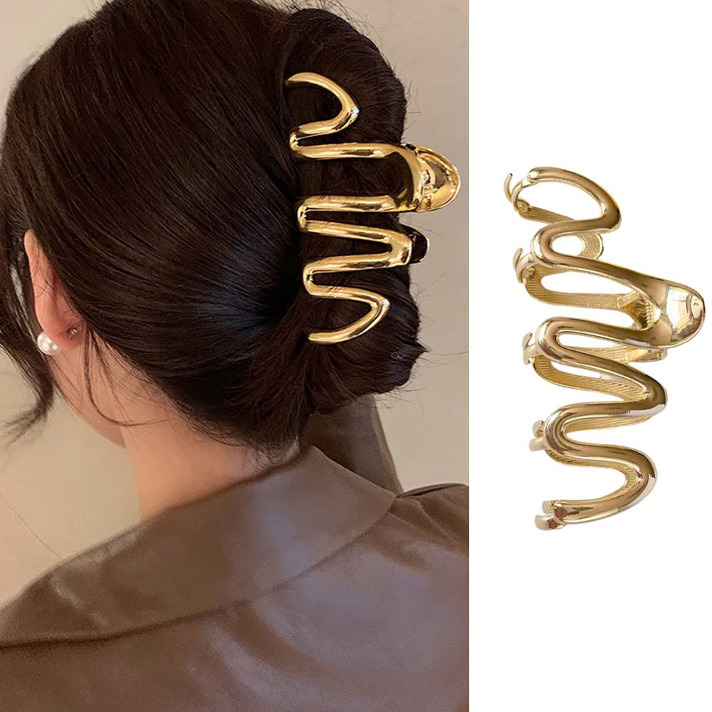 Gold Irregular Claw Clips - Elegant Metal Hair Accessories with Exquisite Wave Designs, Large French Frigid Style for Thick/Thin