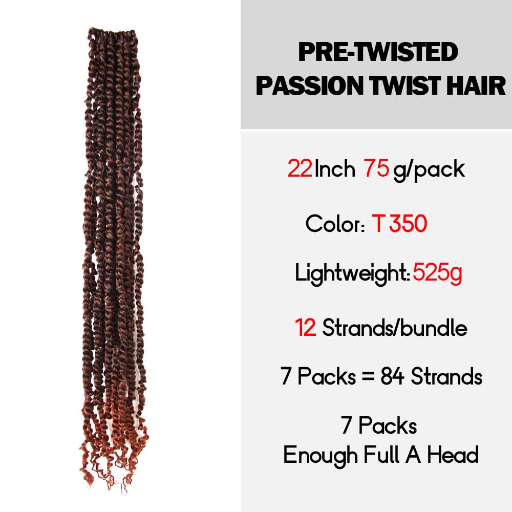 Wudas Long Passion Twist Hair 22 Inch Pre-Twisted Passion Twists Crochet Hair Ombre Ginger Red Pre-Looped Synthetic Crochet Brai