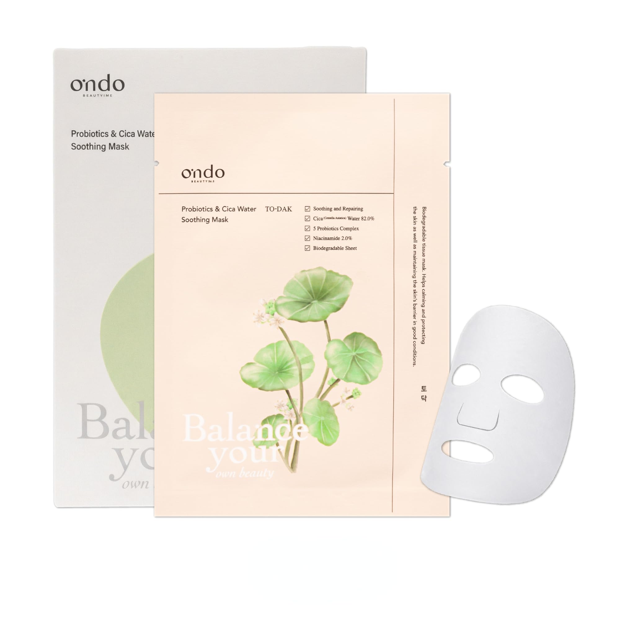 ONDO Beauty 36.5 Probiotics & Cica Water Soothing Mask, 5 Vegan Sheet Masks