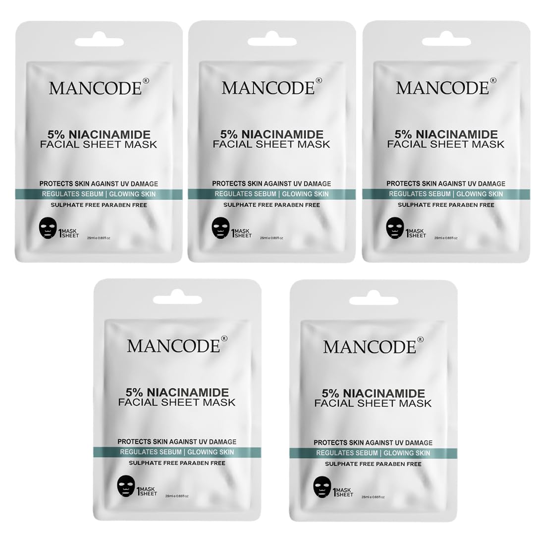 Mancode 5% Niacinamide Acid Facial Sheet Mask 25Ml Gives Youthful Complexion Hydration Calming Pore Reducing, Brightening & Enha