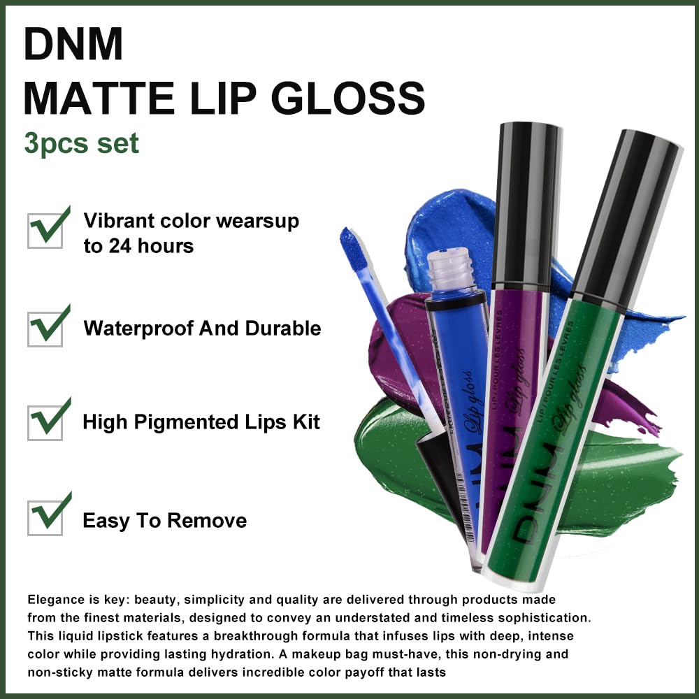 Amy'S Diary Blue Green Dark Purple Matte Plum Liquid Lipstick 3Pcs Sets,24-Hour Lipstick Long Lasting Permanent L Magic Lipstick