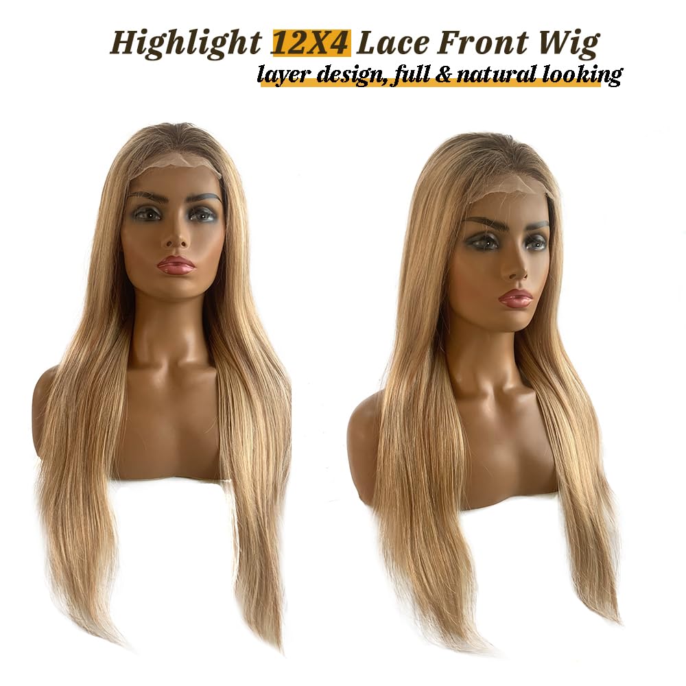 Straight Highlight Lace Front Wigs Human Hair 13  4 Lace Wigs For Women,Ombre Medium Brown With Golden Blonde Highlights Silky S