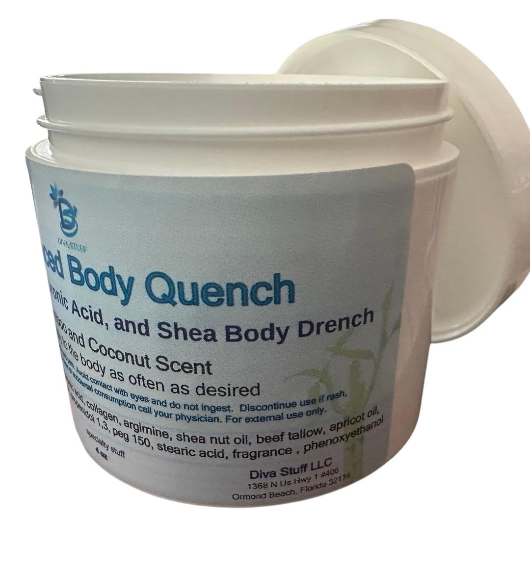 Diva Stuff Advanced Body Quench, Coconut & Bamboo, 4 Fl Oz, Deep Hydration with Hyaluronic Acid & Shea Butter