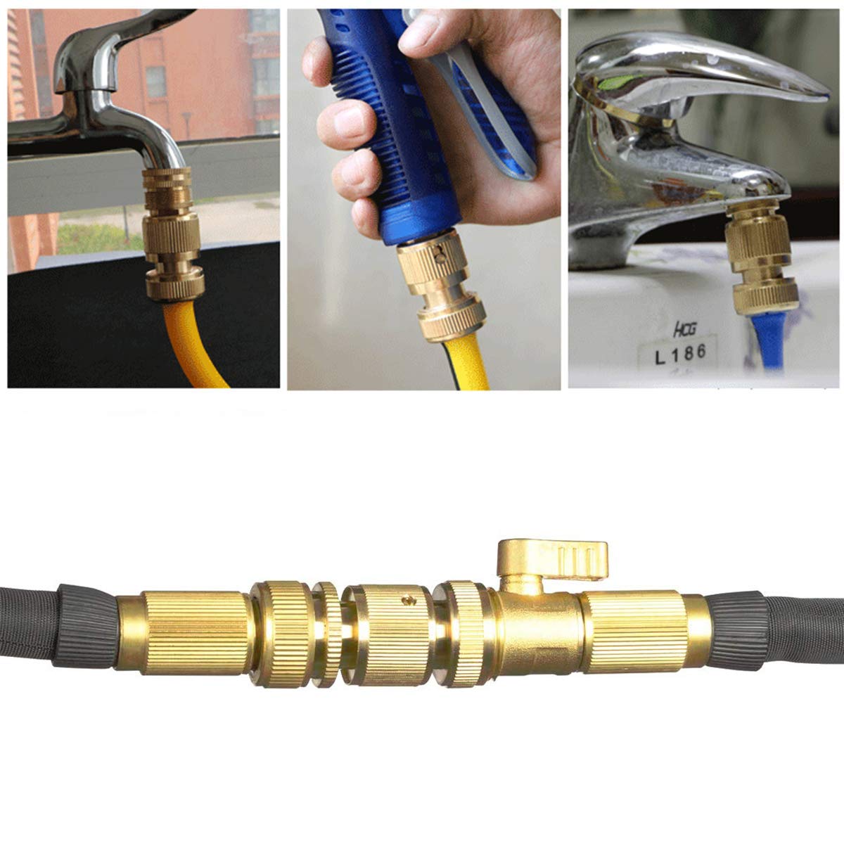 Shownew Garden Hose Quick Connectors, Solid Brass 34 Inch Ght Thread Easy Connect Fittings No-Leak Water Hose Male Female Value