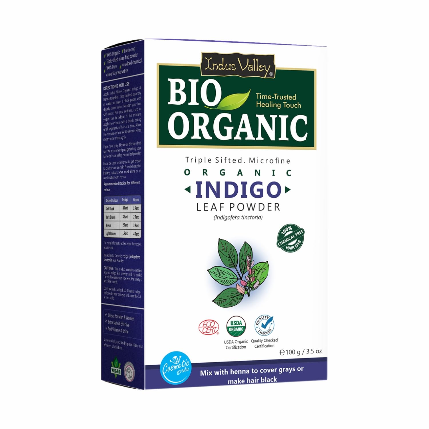 Indus Valley Bio Organic 100% Pure Indigo Powder Color for Natural Hair Dyeing | Organic Indigo Powder Without Preservatives & D