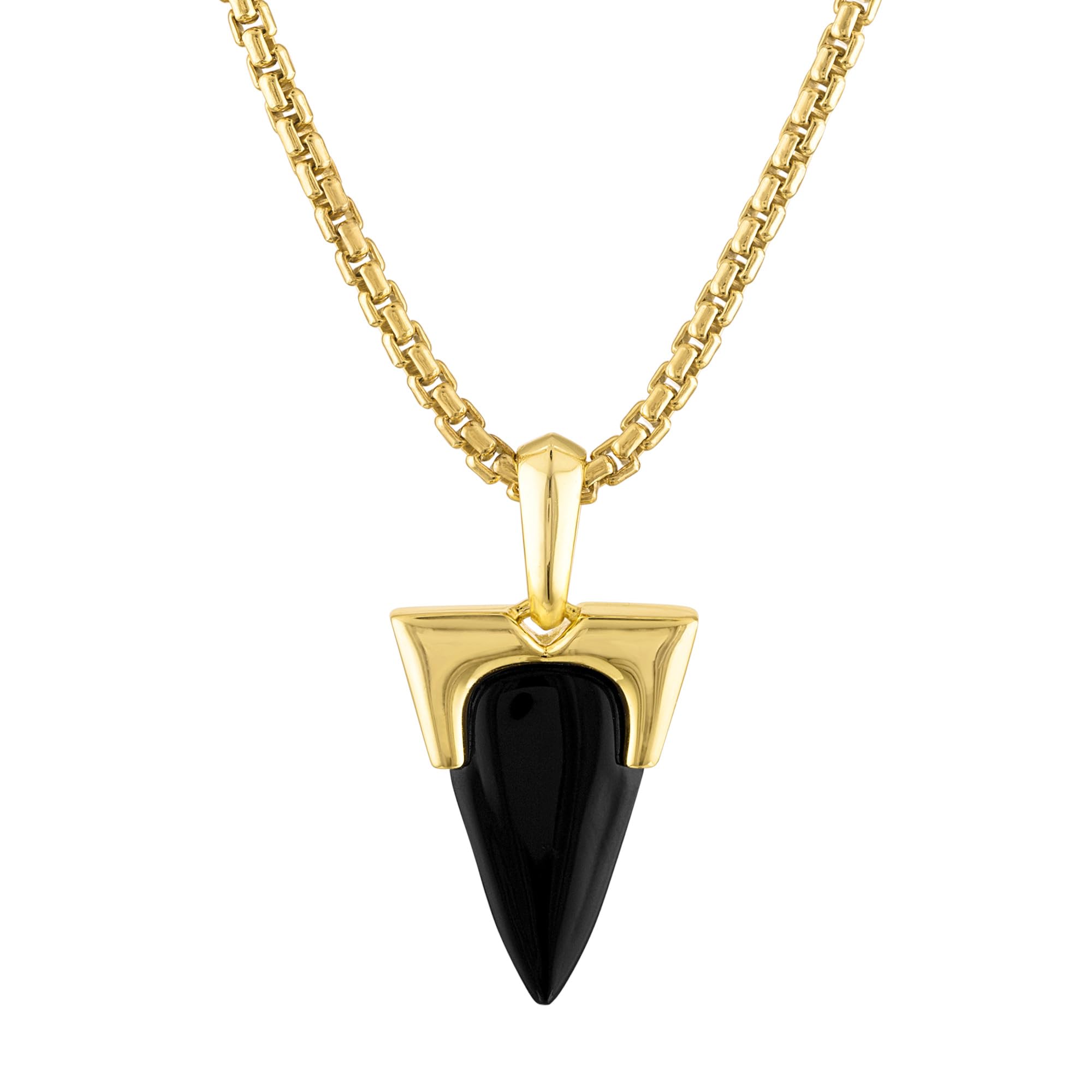 Bulova Jewelry Mens Icon Black Onyx Amulet Pendant and 14k Gold Plated Sterling Silver Box Link Chain Necklace, Length 24-26 St