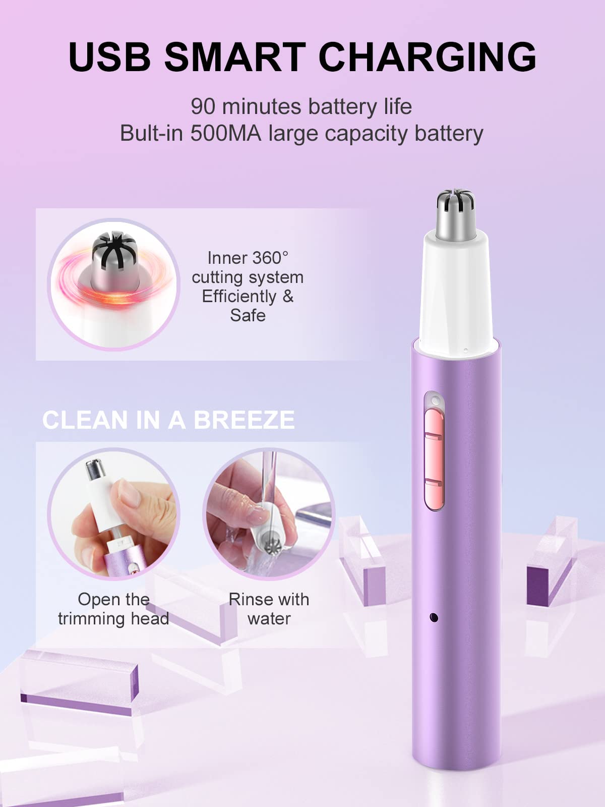AHHFEI Nose Hair Trimmer for Women, Rechargeable 2-in-1 with Dual-Edge Blades, Purple, Professional Eyebrow & Facial Hair Removal