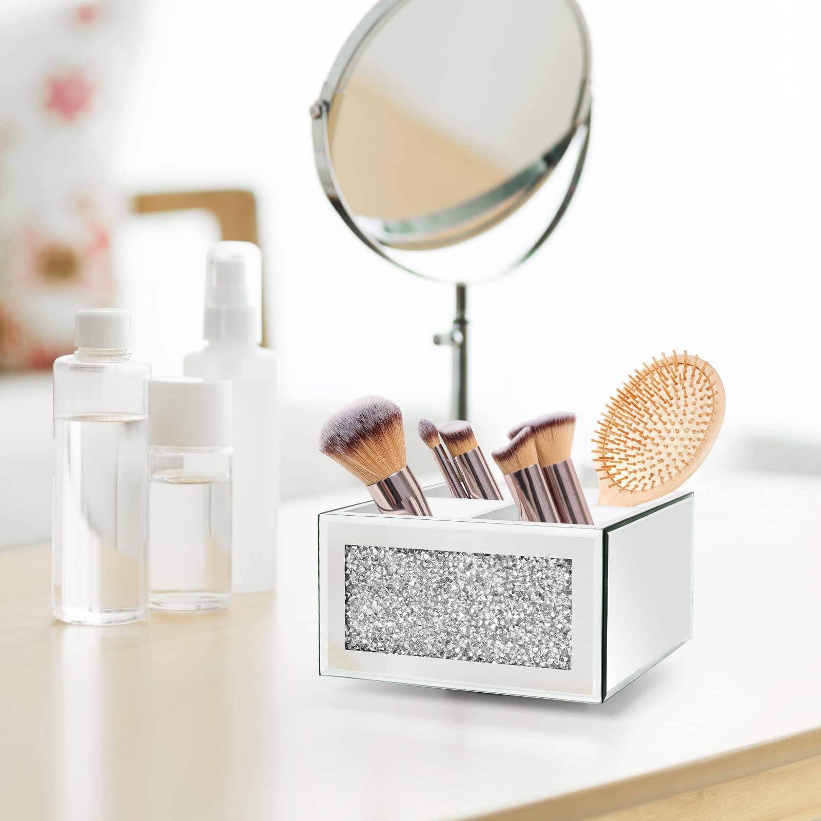 SWTHONY 360 Rotating Makeup Brush Holder Organizer, Silver Bling 4 Slot Crushed Diamond Glass Mirrored Cosmetic Brushes Storage,