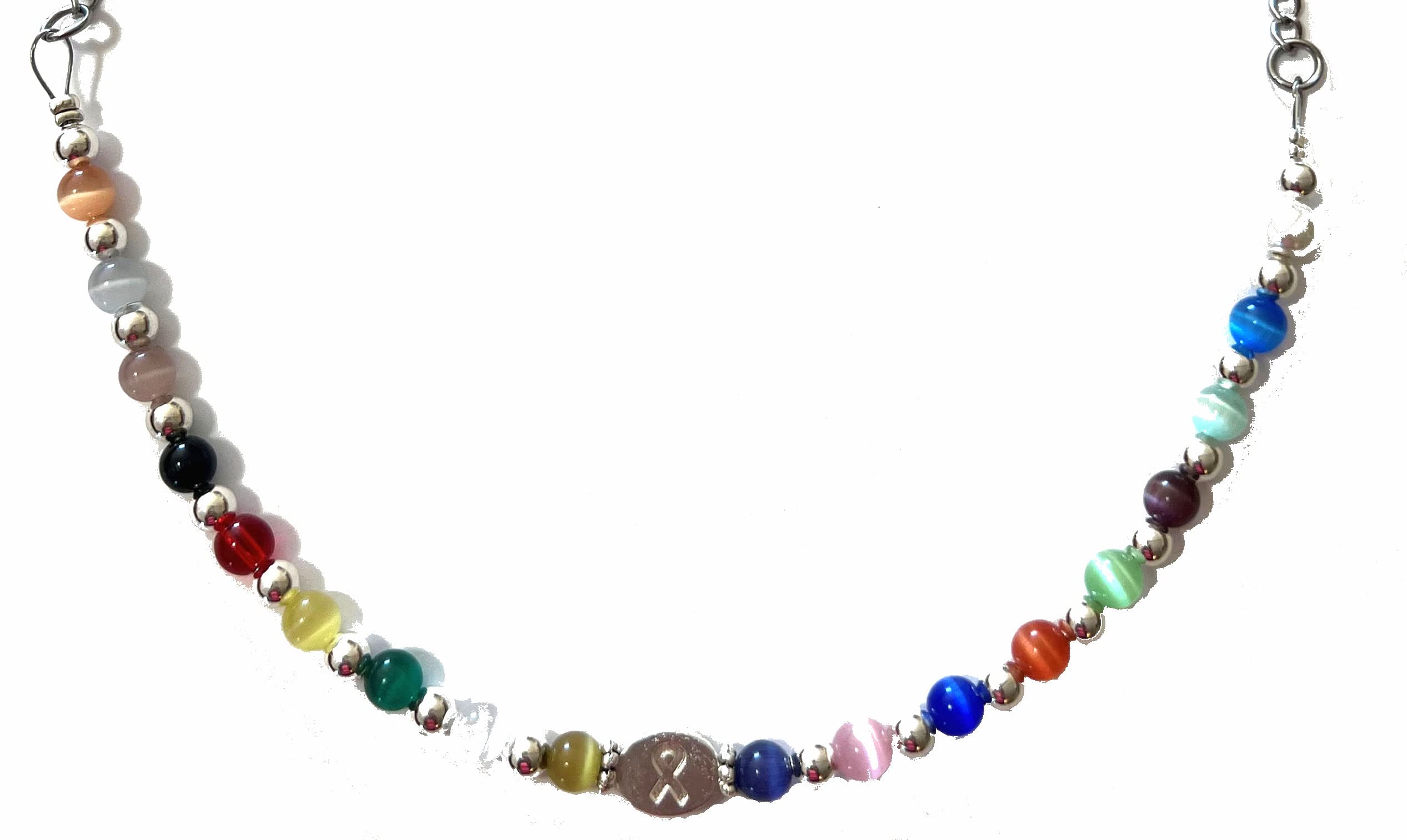 Cancer Awareness Necklace, Pink Breast Cancer Or Multi Colored, 18 inches long, Cat's Eye Beads and Stainless Steel Chain (Multi