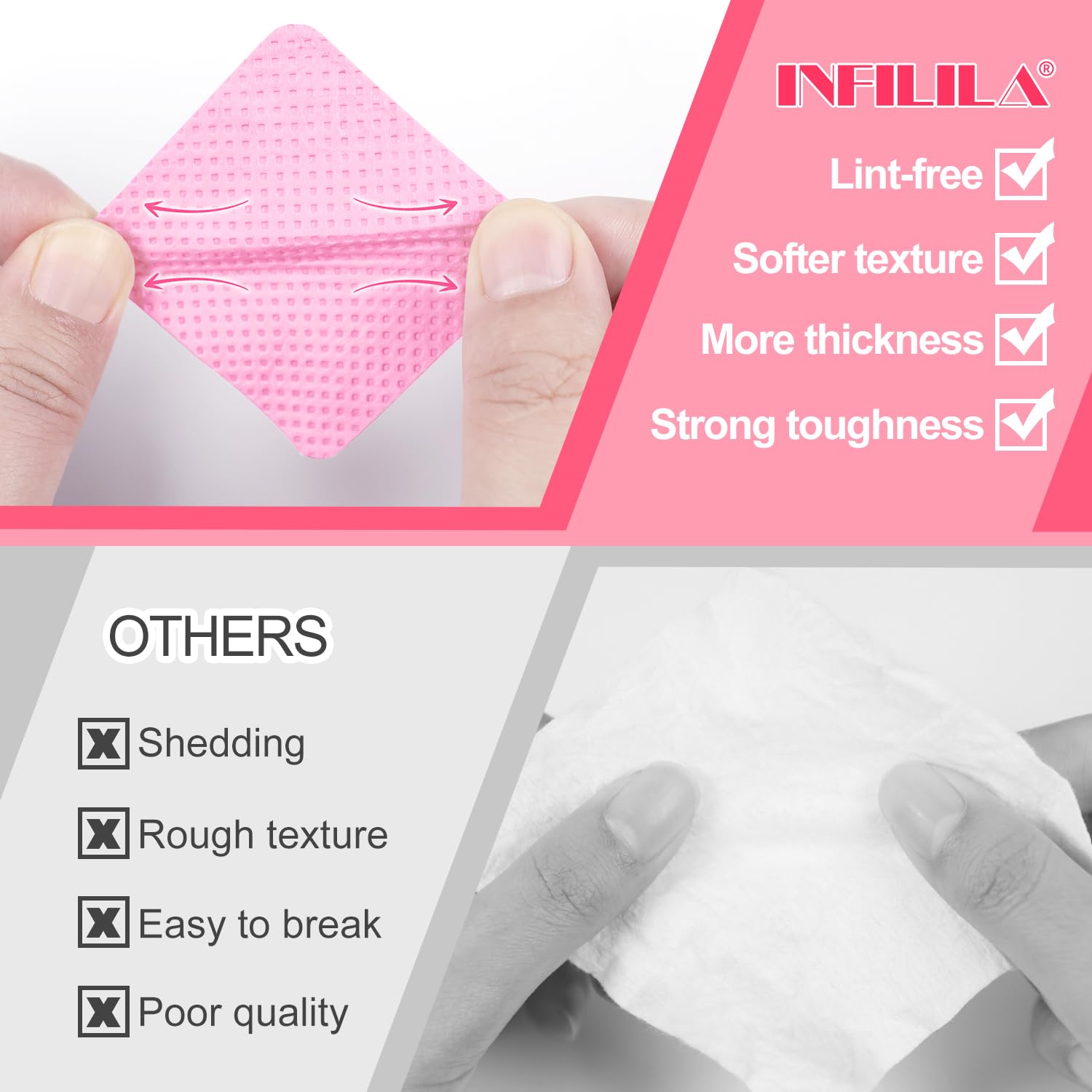 Nxj Infilila 1080Pcs Lint Free Nail Wipes Kit - Pink Gel Nail Polish Remover Set With 1Pcs Acetone Pump Dispenser Bottle 200Ml(6