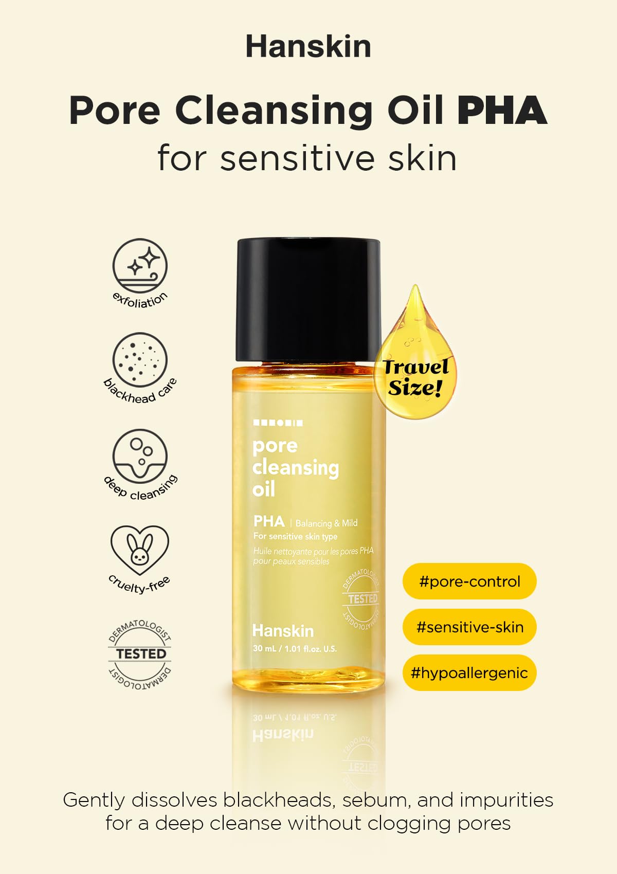 Hanskin PHA Trial Size Pore Cleansing Oil, Gentle Blackhead Cleanser and Makeup Remover for Combination and Oily Skin Travel Siz
