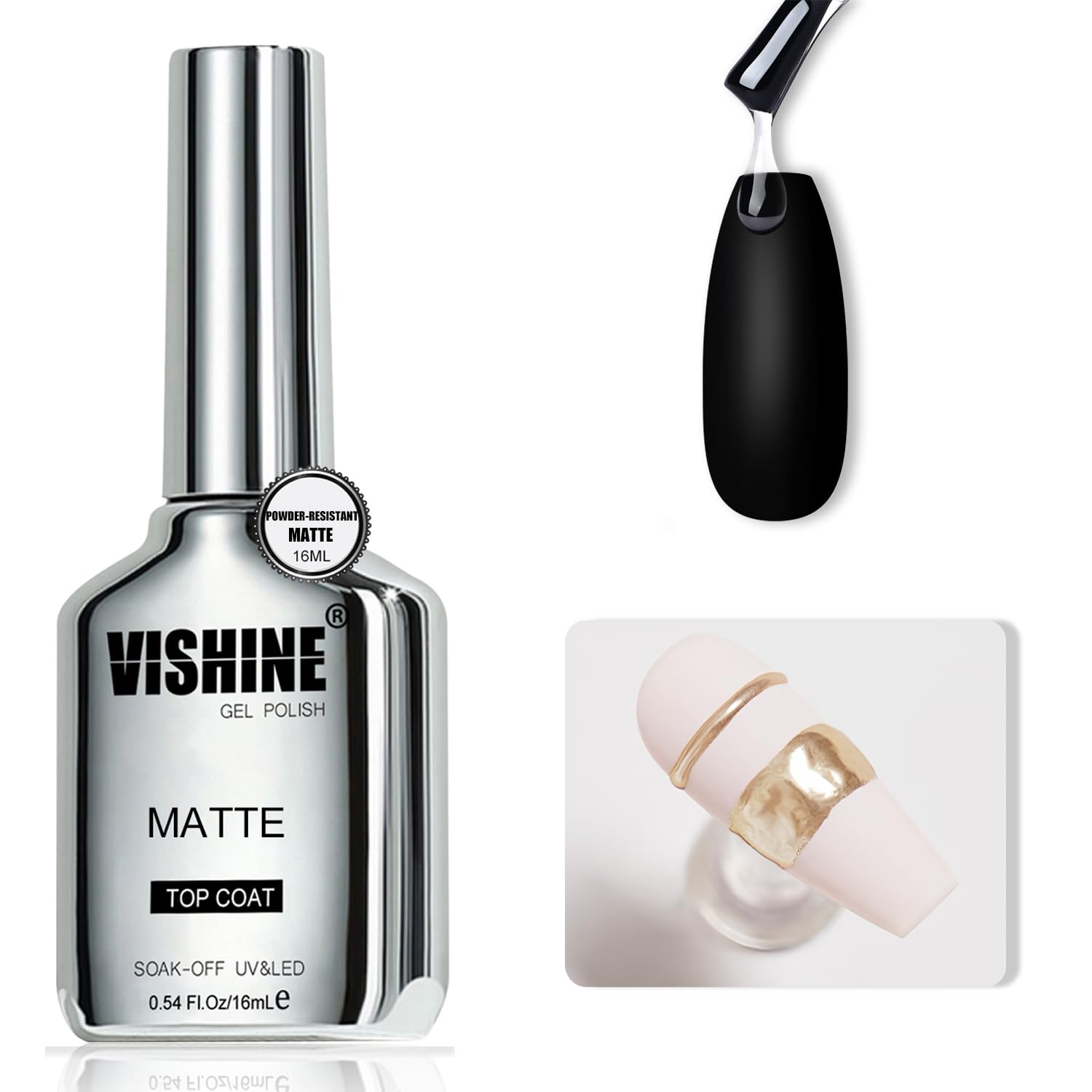 Vishine Matte Gel Top Coat, 16ml Powder-Resistant No Wipe for Chrome Powder Painting Art Matte Finish Long-Lasting UV Gel Nail P