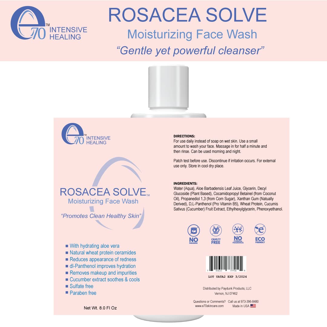 E70 Rosacea Solve Moisturizing Face Wash - Gentle Rosacea Cleanser For Dry & Itchy Skin - Sensitive Skin Care With Beneficial In