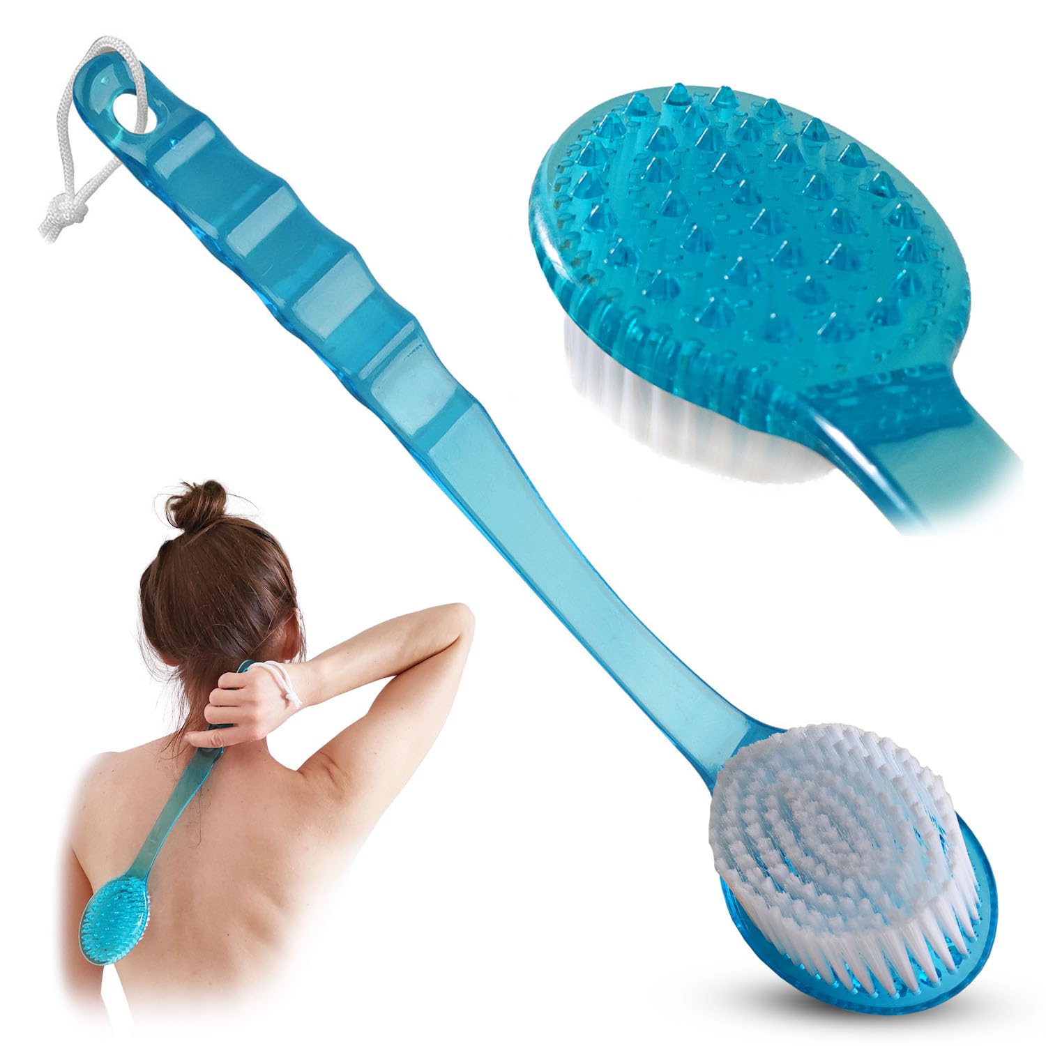 Bath Body Brush - Long Handle Back Shower Brush Exfoliating Back, Body, And Feet Scrubber (Blue)