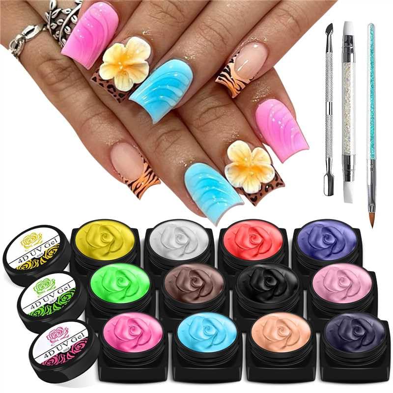 EBANKU 12 Colors Sculpture Painting Nail Gel Set, 3D Nail Carved Gel Sculpture Creative DIY Decoration Painting Glue with Tools,