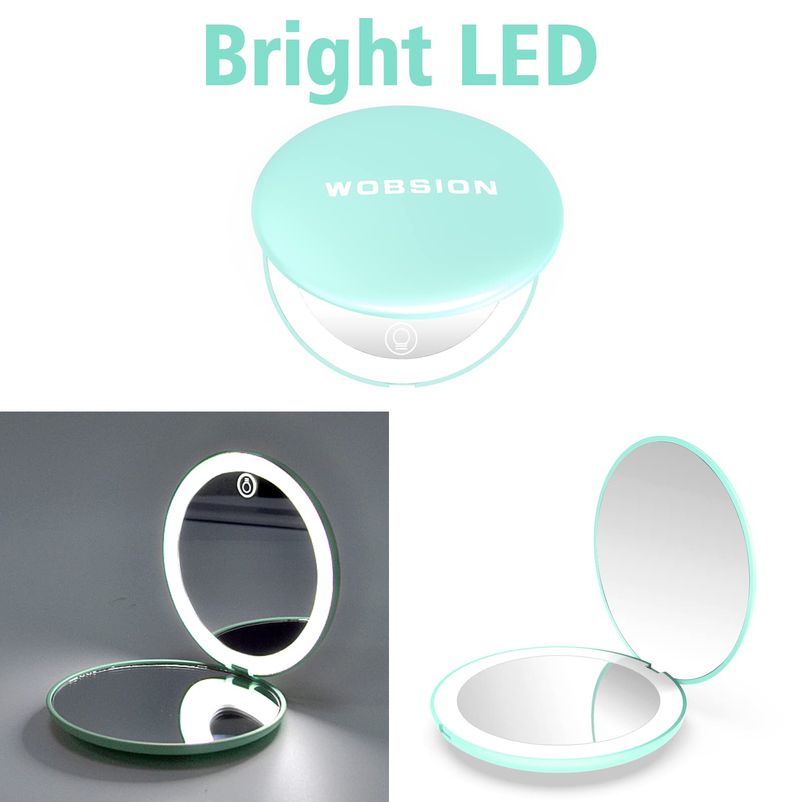Wobsion Led Compact Mirror, Rechargeable 1X/10X Magnification Compact Mirror, Dimmable Small Travel Makeup Mirror,Pocket Mirror