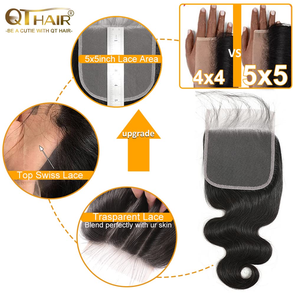 QT Hair 5x5 Lace Closure 20inch Human Hair Body Wave 5x5 Transparent Lace Closure Can Make Wig for Women Pre Plucked with Baby H