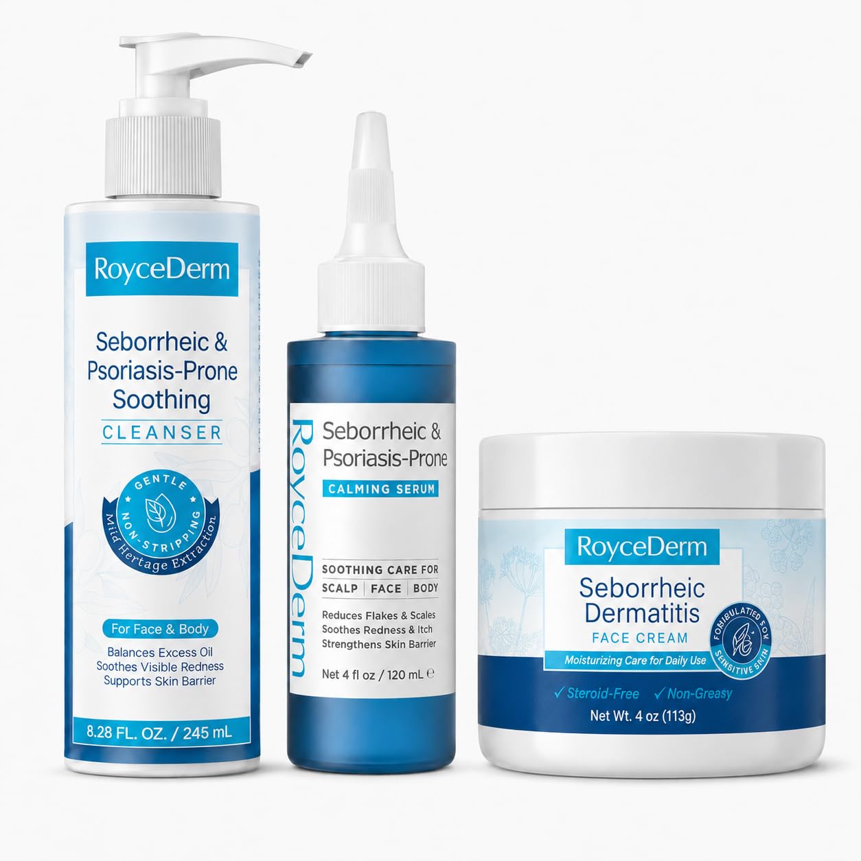 RoyceDerm Seborrheic Dermatitis Care Set, Face & Body Cleanser, Calming Serum & Face Cream, FragranceFree Routine for RednessP