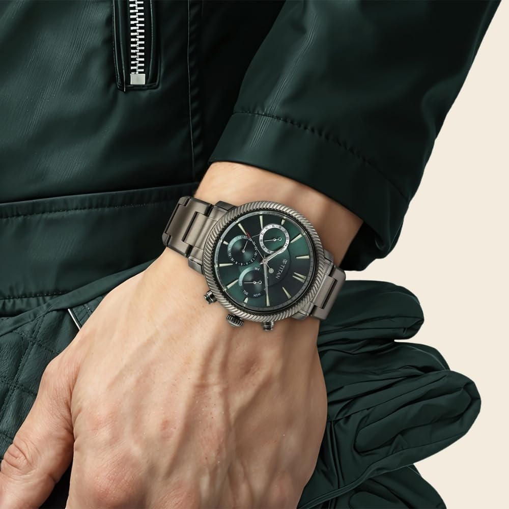 Titan Regalia Stellar Quartz Multifunction Green Dial Stainless Steel Strap Watch for Men-NS10012QM01/NT10012QM01