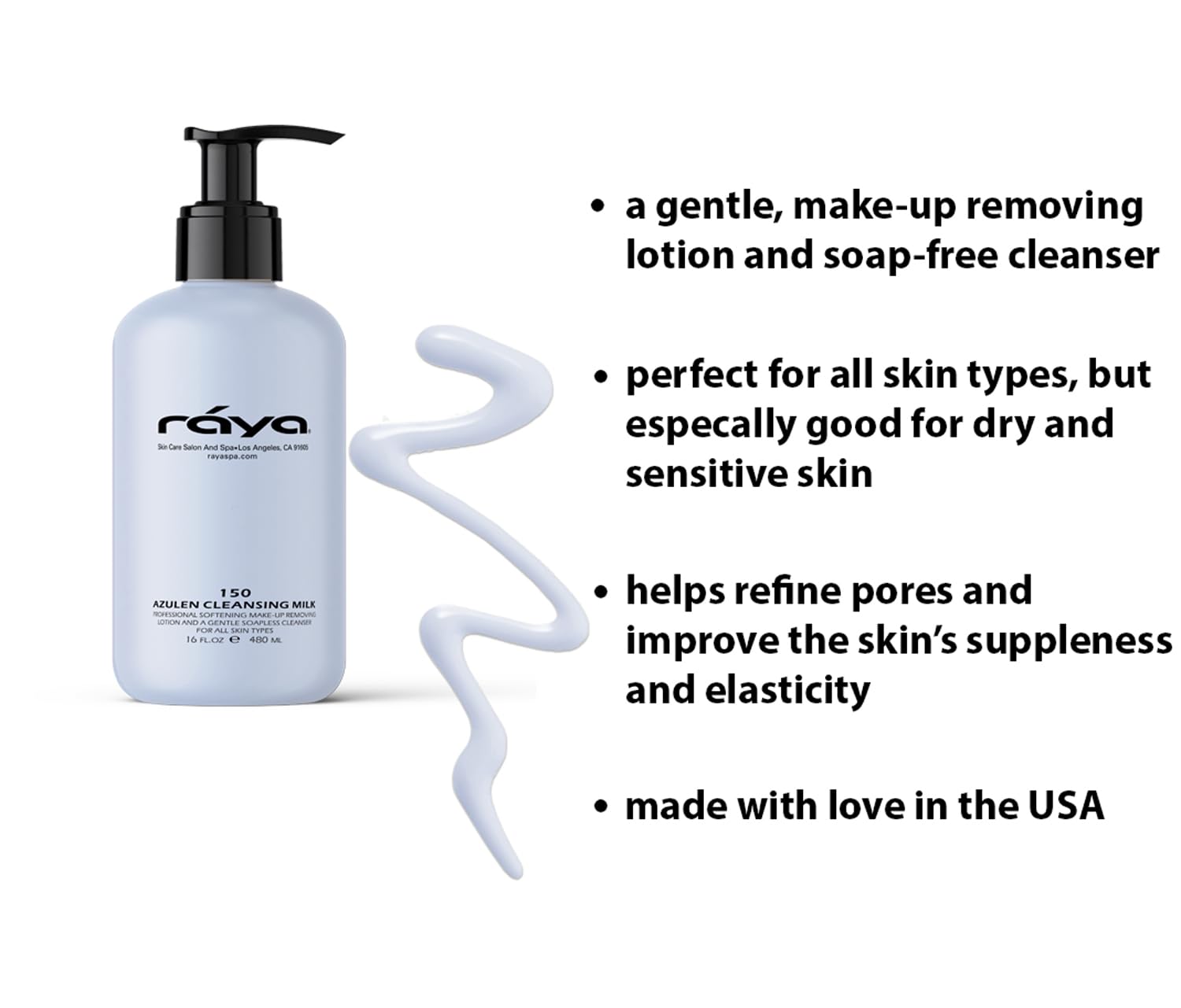 Raya Azulen Facial Cleansing Milk 16 oz (150) | Calming and Refining, Soap-Free Fluid Cleanser and Make-Up Removing Lotion | Mad