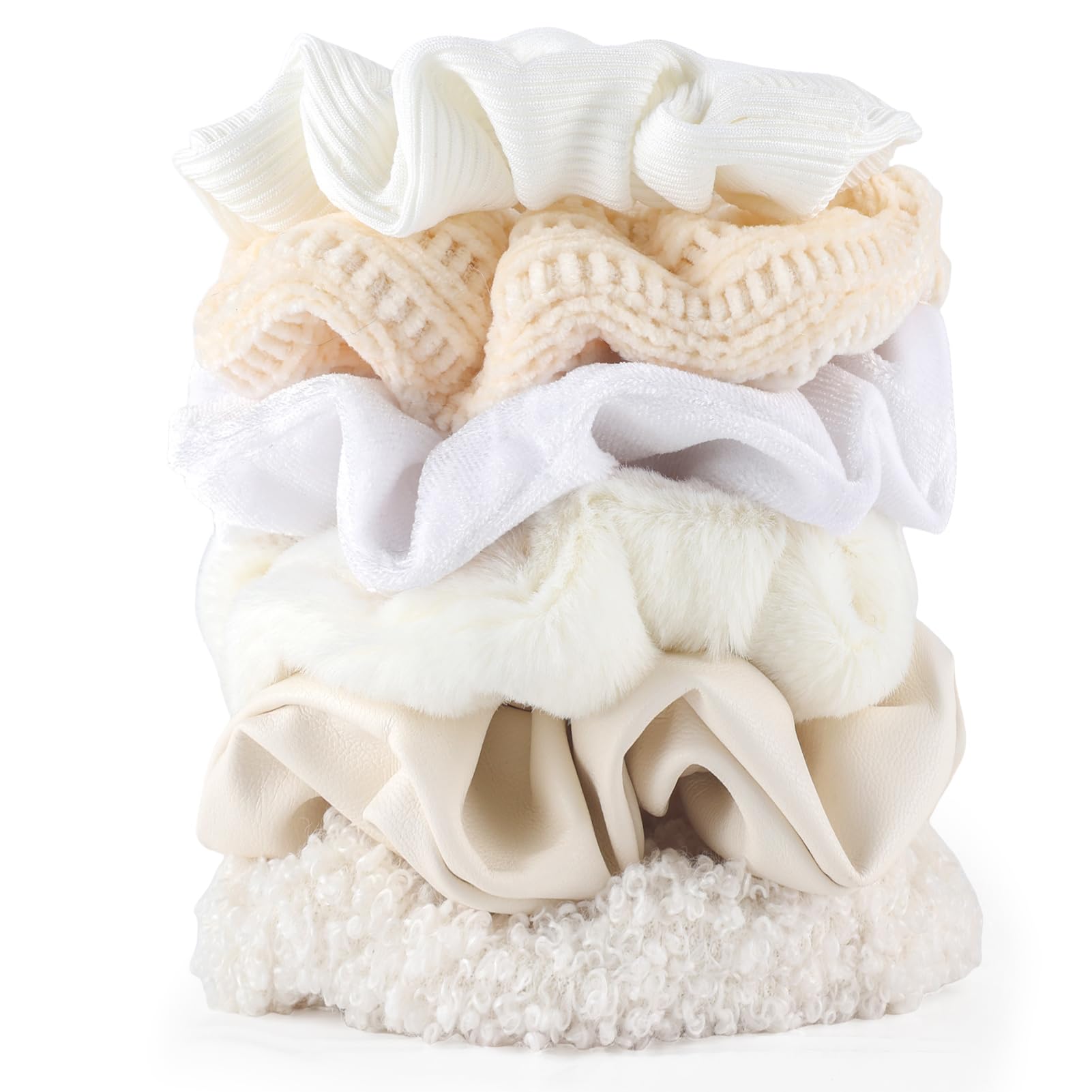 Scrunchies for Women Girls 6Pcs White Velvet Scrunchies for Thick Hair Ultra Textured Soft Scrunchy Hair Ties PU Elastic Hair Ba