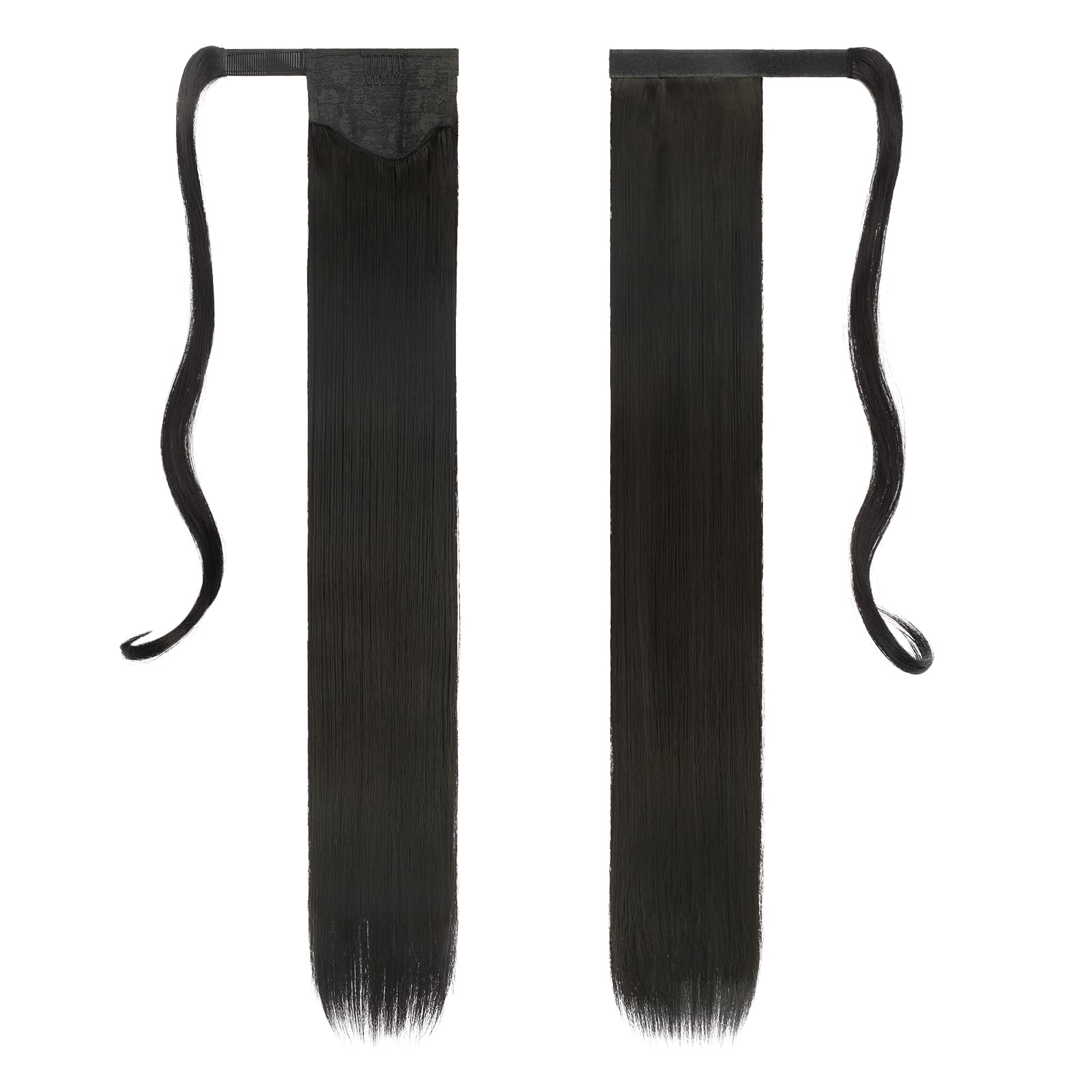 Feshfen Straight Long Ponytail Extensions 28 Inch Wrap Around Synthetic Off Black Ponytails Hair Piece Pony Tail Hair Extensions