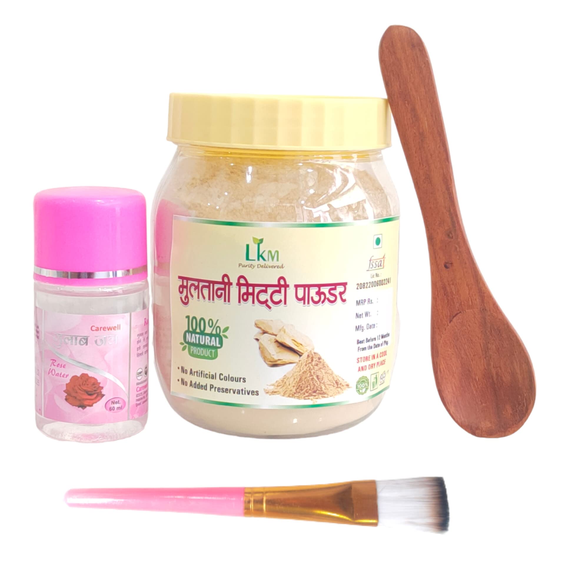 Lkm Multani Mitti 250G With Gulab Jal, Face Pack Brush & Wooden Spoon | Natural Skincare Combo For Face Mask & Oil Control