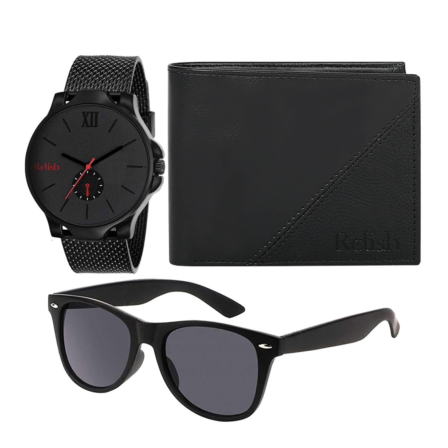 Relish Rubber Birthday Gift | Analog Watch, Wallet, Sunglasses Latest Combo | Wishing Card Gifting For Mens, Dial_Black, Band_Ro