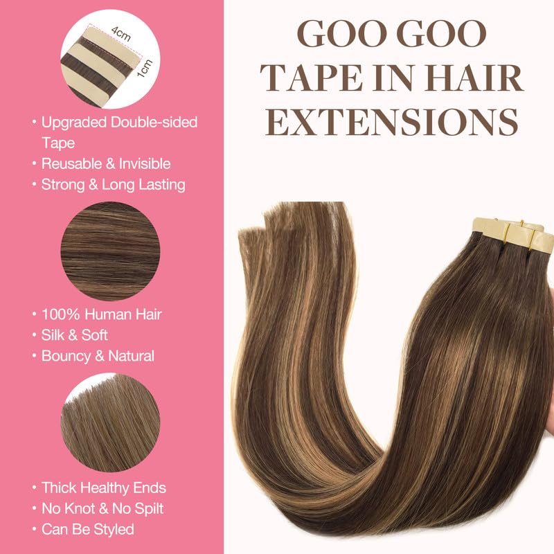 Goo Goo Tape In Hair Extensions Human Hair, 4/27/4 Balayage Chocolate Brown To Caramel Blonde, 18Inch 100G 40Pcs, Thick Ends Str