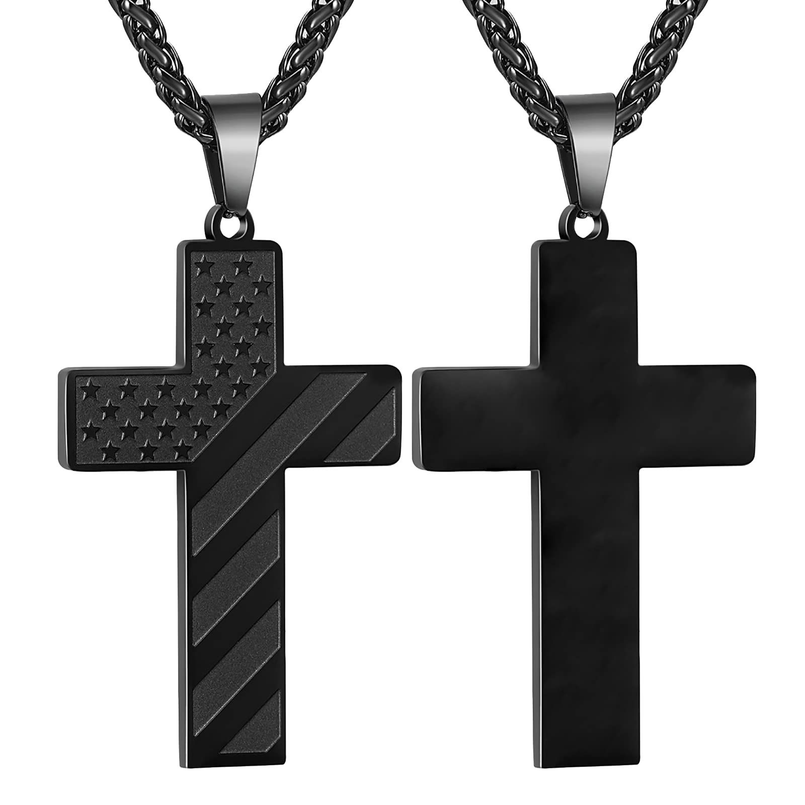 DuoDiner Black Cross Necklace for Boys Men Pendant Chain Stainless Steel American Flag Religious Jewelry Gift