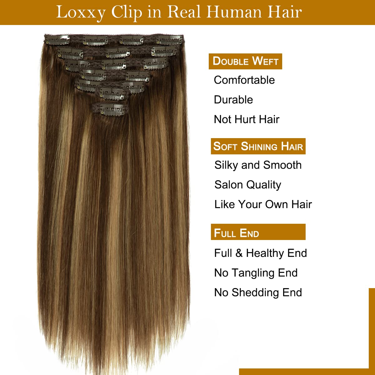 Loxxy 9A Grade Remy Human Hair Chocolate Brown To Caramel Blonde Thick Silky Straight Clip In Double Weft Natural Human Hair Ext