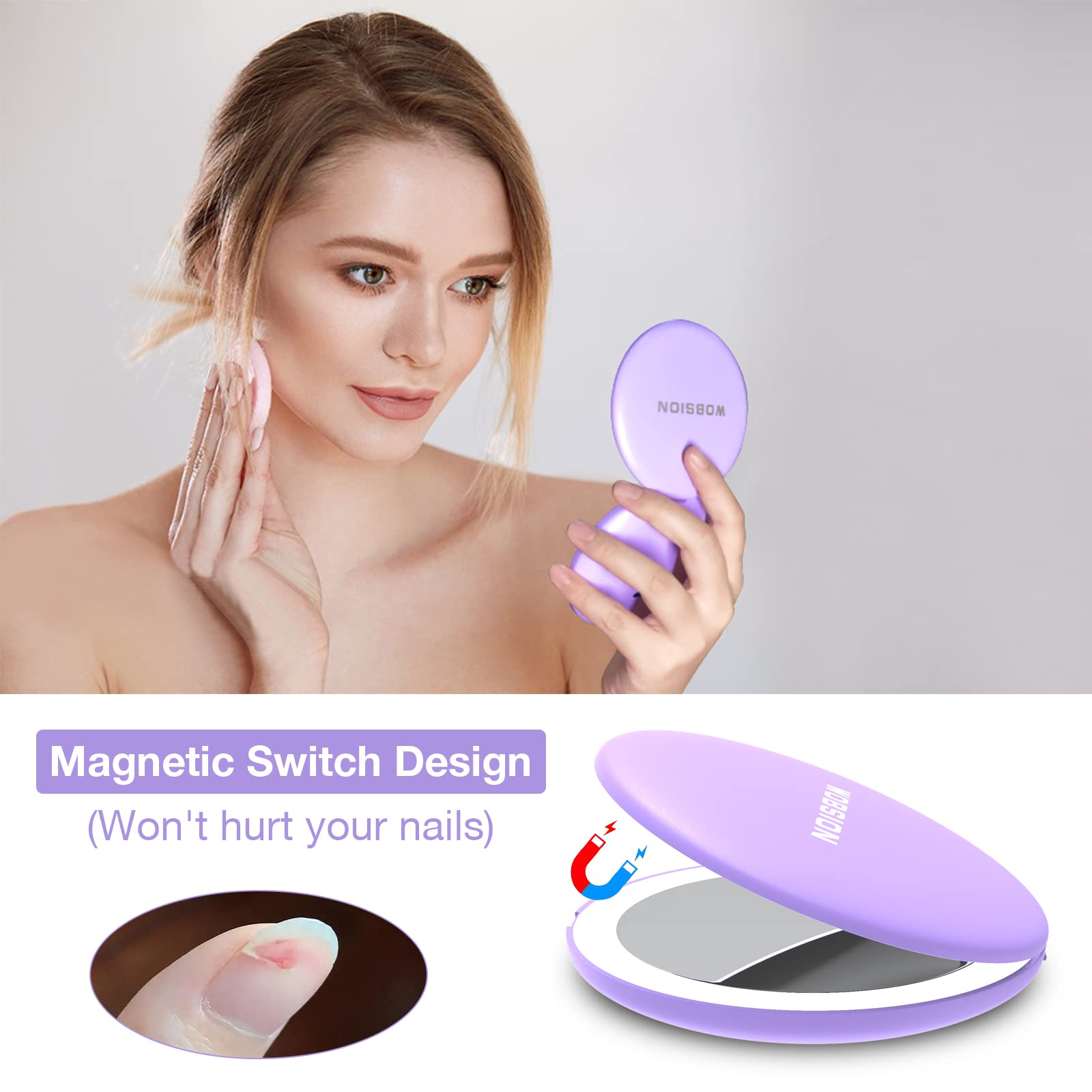 Wobsion Rechargeable Led Travel Mirror, 1X/10X Magnification Compact Mirror With Light, Dimmable Led Travel Makeup Mirror,3 Colo