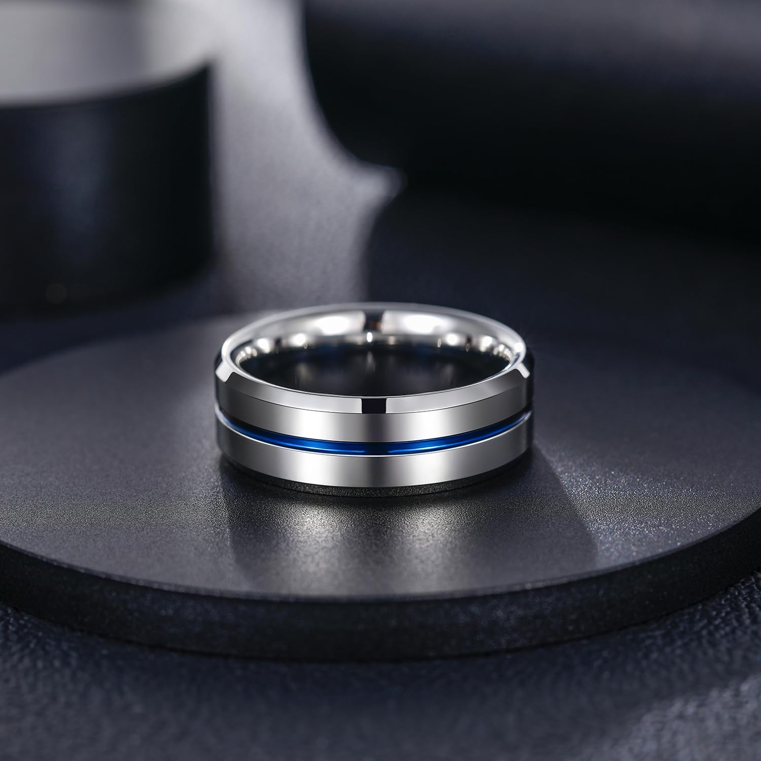Greenpod 8MM Tungsten Carbide Rings Silver Blue High Polished Beveled Edge Wedding Band for Men Women Size 15