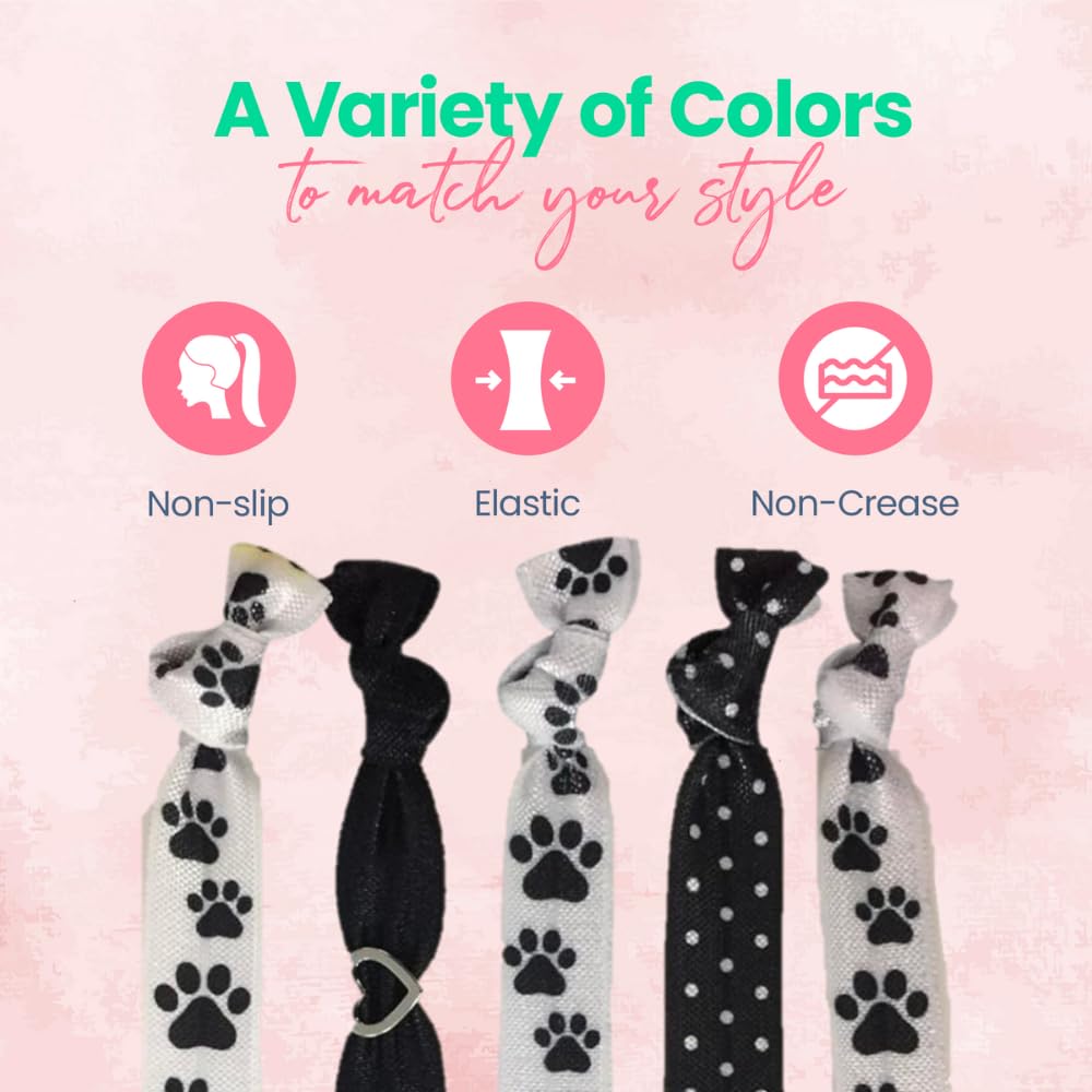 Sportybella Paw Print Hair Ties (Black/White)- Hair Accessories For Girls, Women, Teens & Kids. No Crease Elastic Hair Ties Set