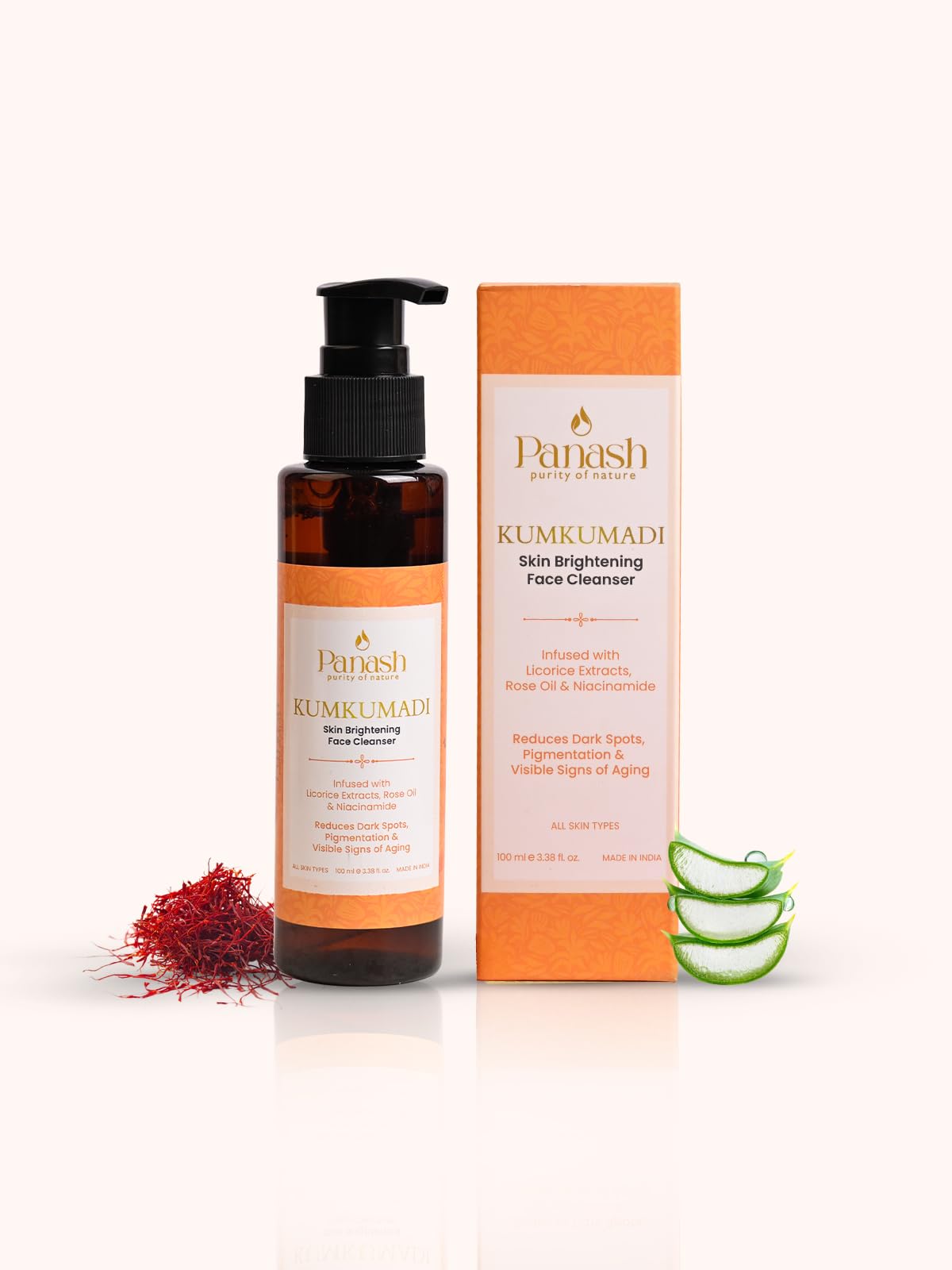 Panash Wellness Kumkumadi Skin Brightening Face Cleanser 100Ml | Face Wash With Saffron, Licorice, Aloe Vera & Niacinamide | Cle