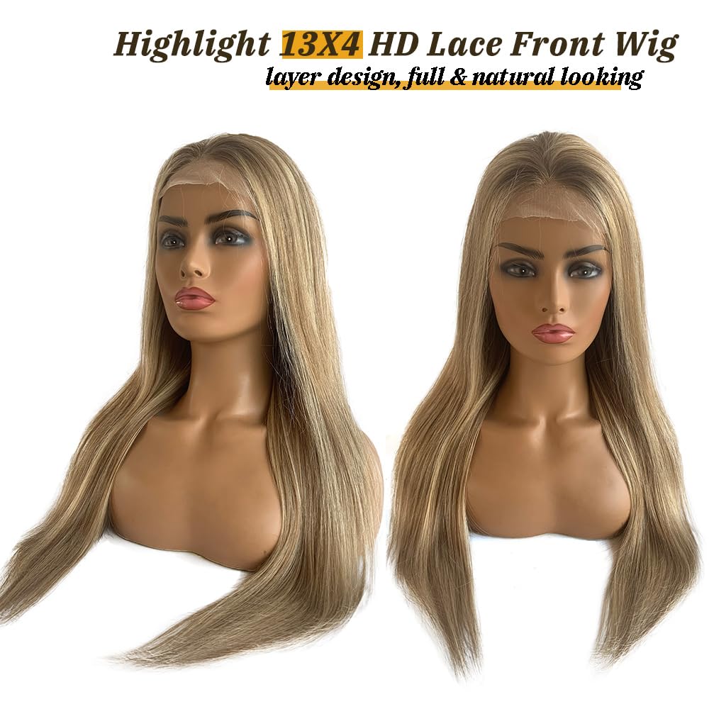 30 Inch Highlight Ombre Lace Front Wig Human Hair, 150% Density Ash Blonde Long Straight Hair 13X4 Lace Front Wigs Pre Plucked W