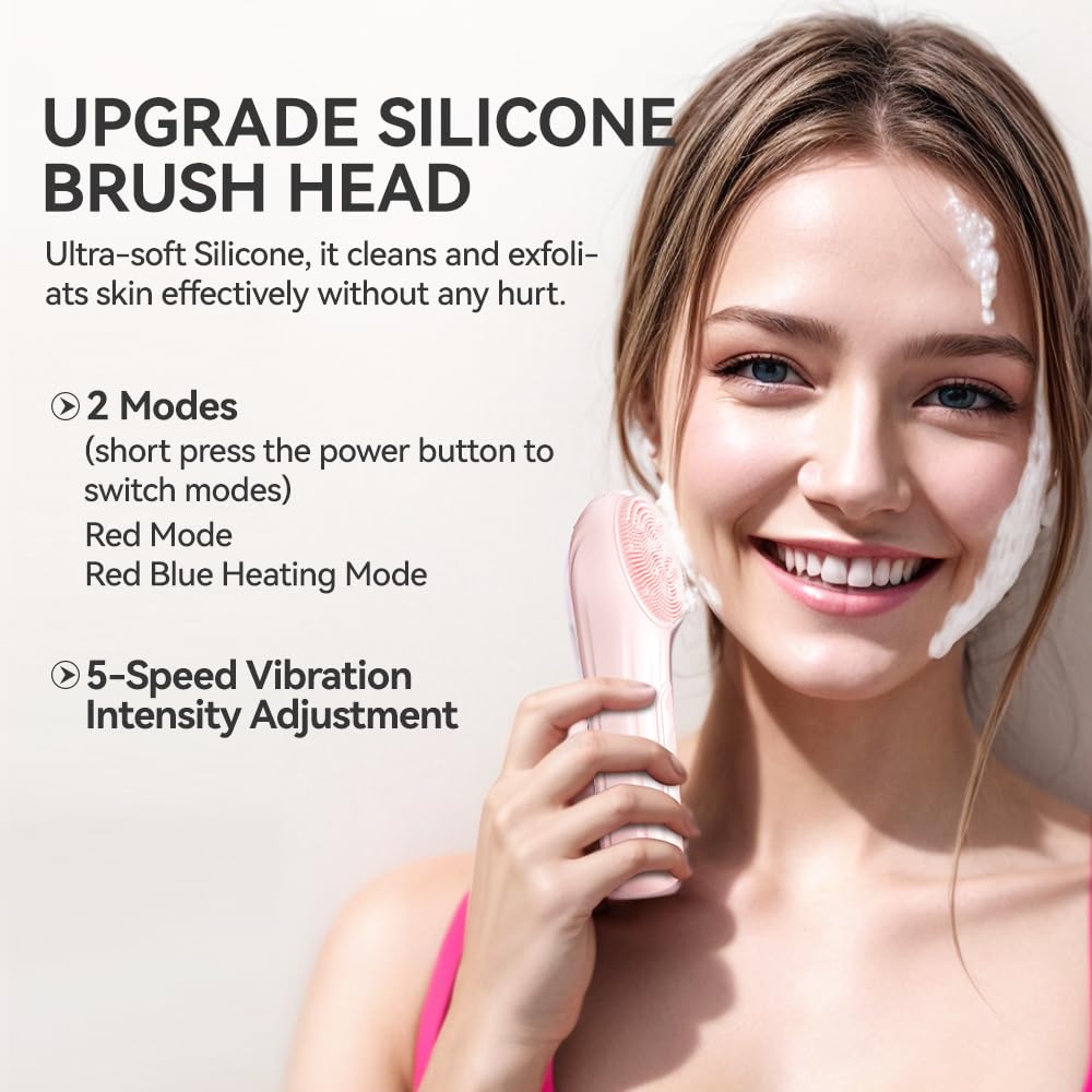 Silicone Face Scrubber, Facial Cleansing Brush With Heating And Vibration, Electric Waterproof Face Wash Brush With 5 Strength A