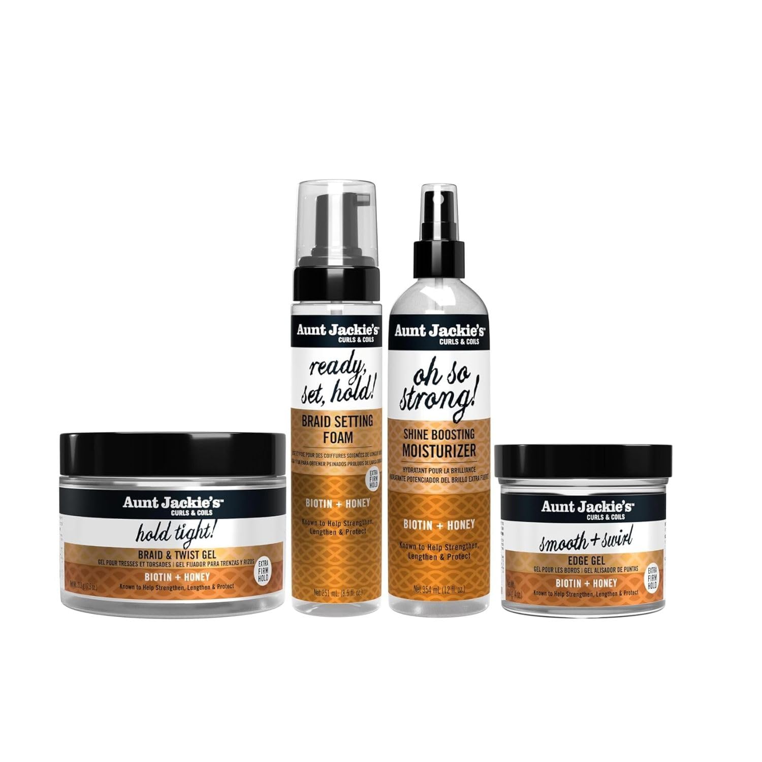 Aunt Jackies Braid & Twist Collection Biotin & Honey Bundle  Includes 7.5oz Braid & Twist Gel | 4oz Edge Gel | 12 fl oz Shine 