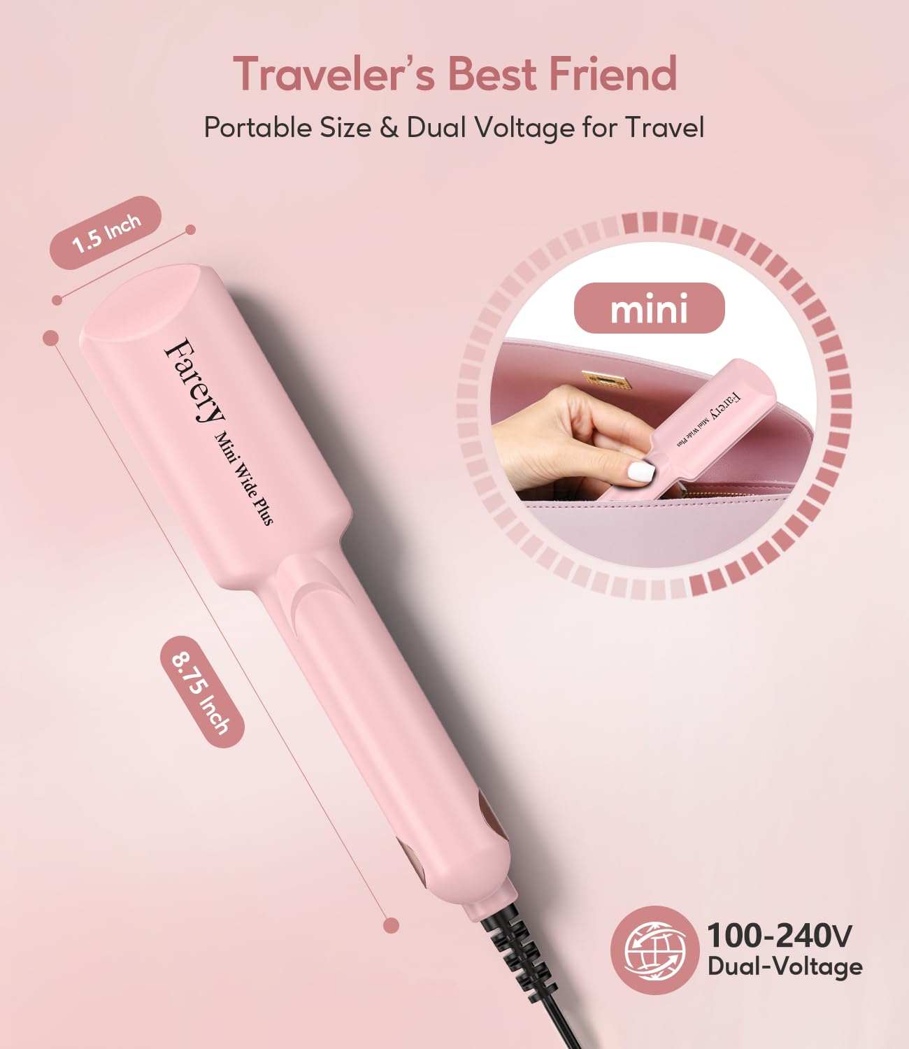 FARERY Mini Flat Iron Travel Size, 1.5 Inch Ceramic Mini Hair Straightener, Small Flat Iron for Short to Medium Hair, Portable H