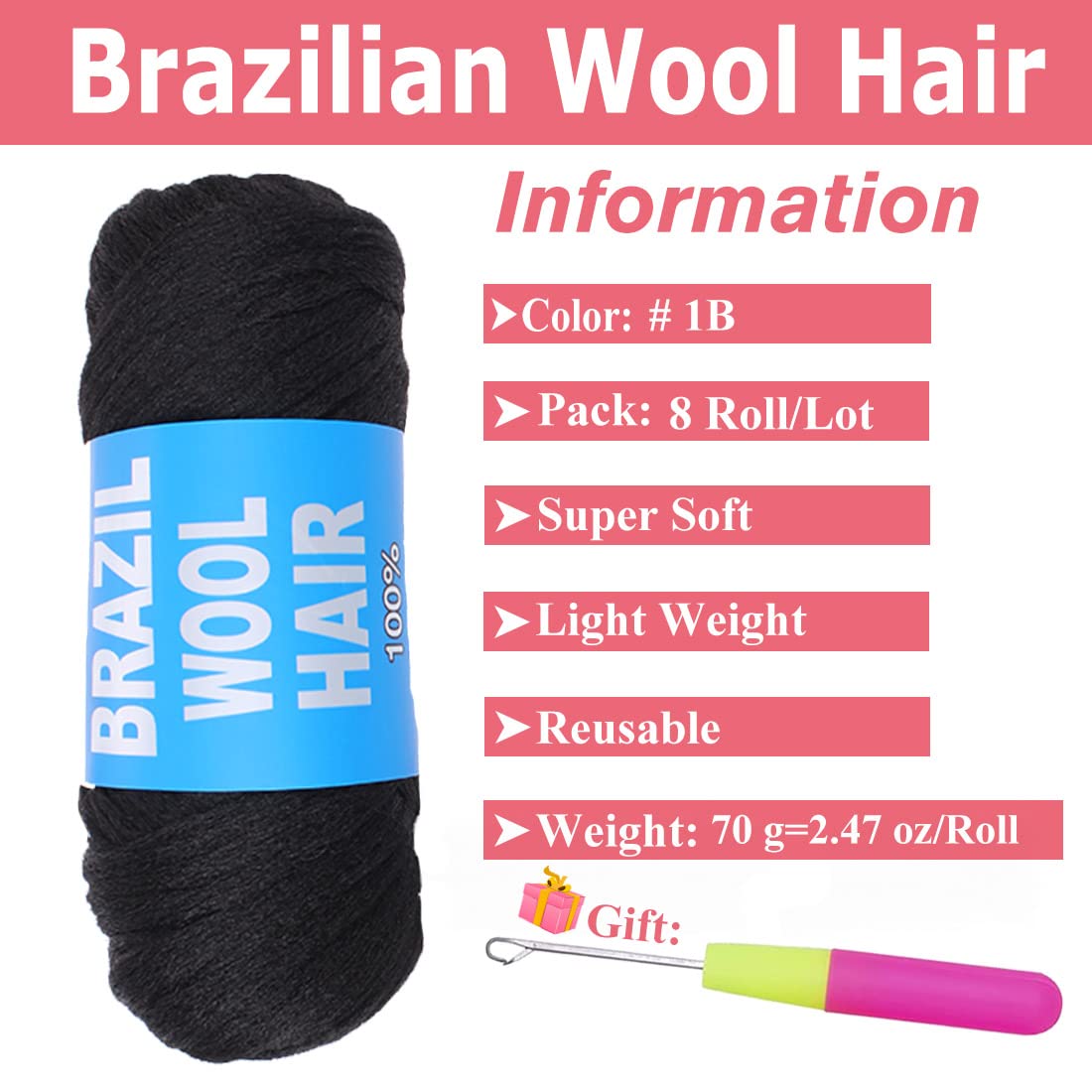 Cookoo 8 Roll Natural Black Brazilian Wool Hair Yarn For Hair Braiding Crochet Hair Senegalese Twisting African Braids Jumbo Bra