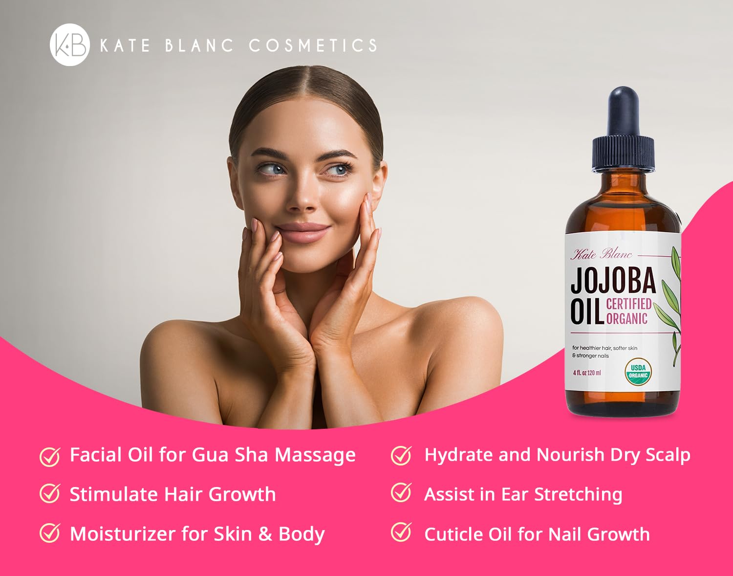 Kate Blanc Cosmetics Jojoba Oil For Hair Growth, Face & Skin. Gua Sha Oil For Face Massage And Dermaplaning (4Oz, Organic, 100%