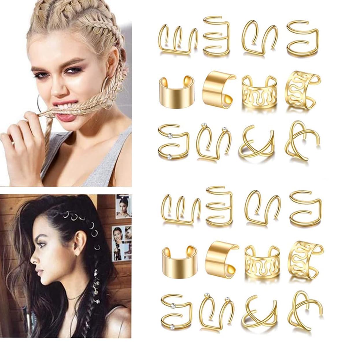 Metal Alloy Rhinestone Hair Accessories for Braids, Dreadlocks, and Beards - Non-Piercing Ear Clips, Beads, and Styling Jewelry