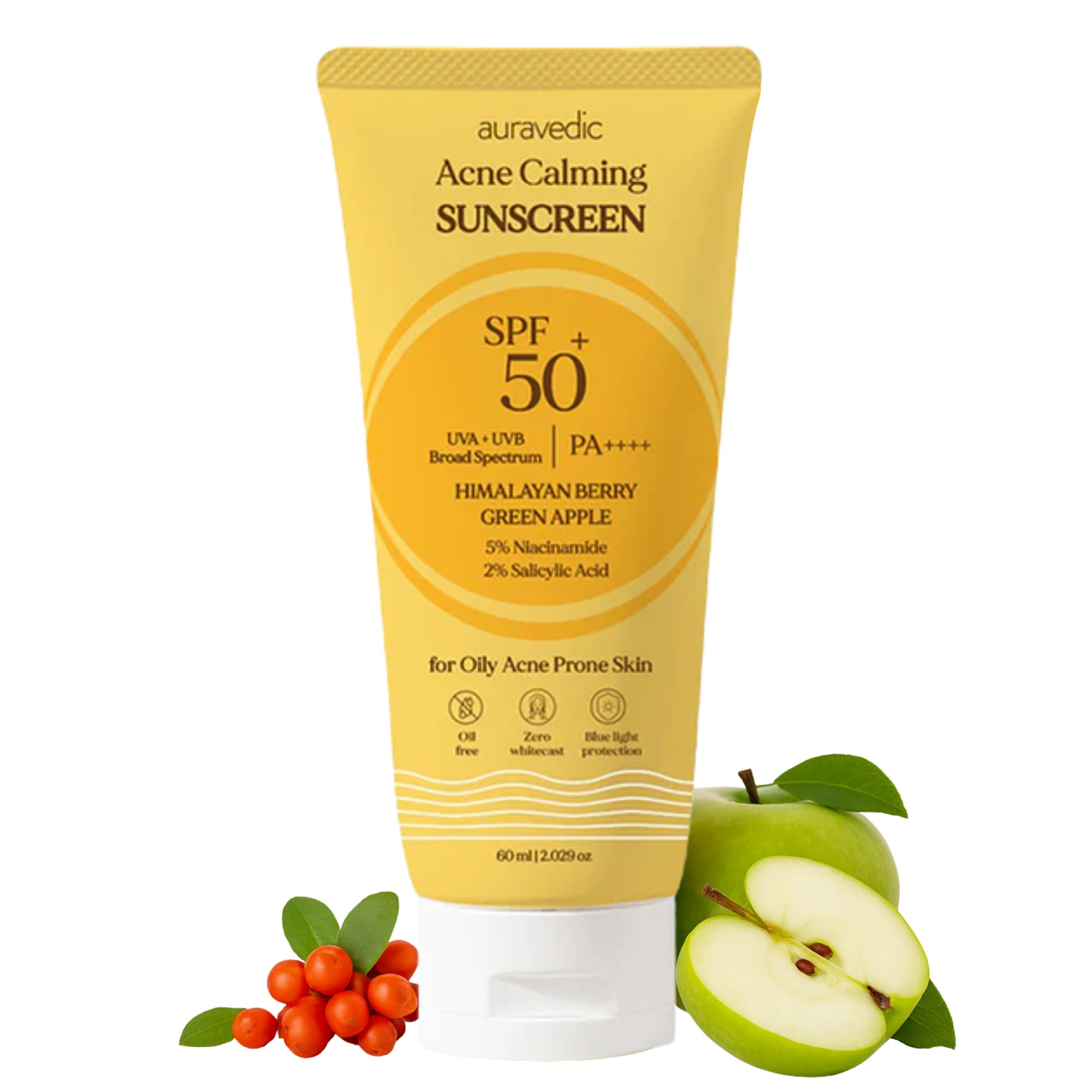 Auravedic Acne Uv Sunscreen Spf 50 Pa++++ For Acne Prone Oily Skin With Himalayan Berry Green Apple Gotu Kola Niacinamide 2% Sal