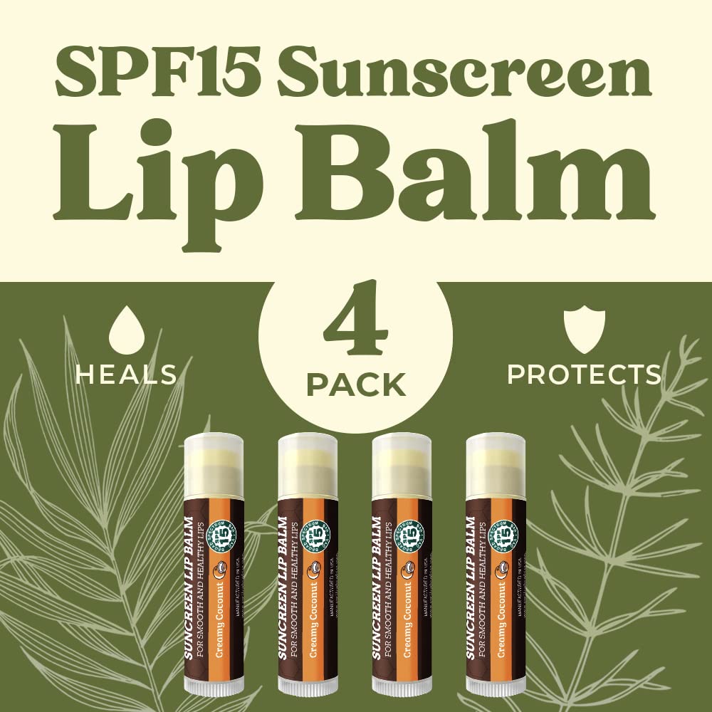 Spf Lip Balm 4-Pack By Earth'S Daughter - Lip Sunscreen, Spf 15, Organic Ingredients, Coconut Flavor, Beeswax, Coconut Oil, Vita