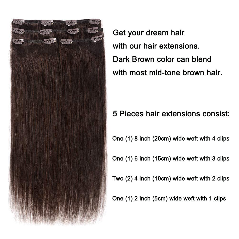 5 Pieces 18'' Remy Clip In Hair Extensions Human Hair Dark Brown - Beauty Silky Straight Long Thick Real Hair Extensions For Wom