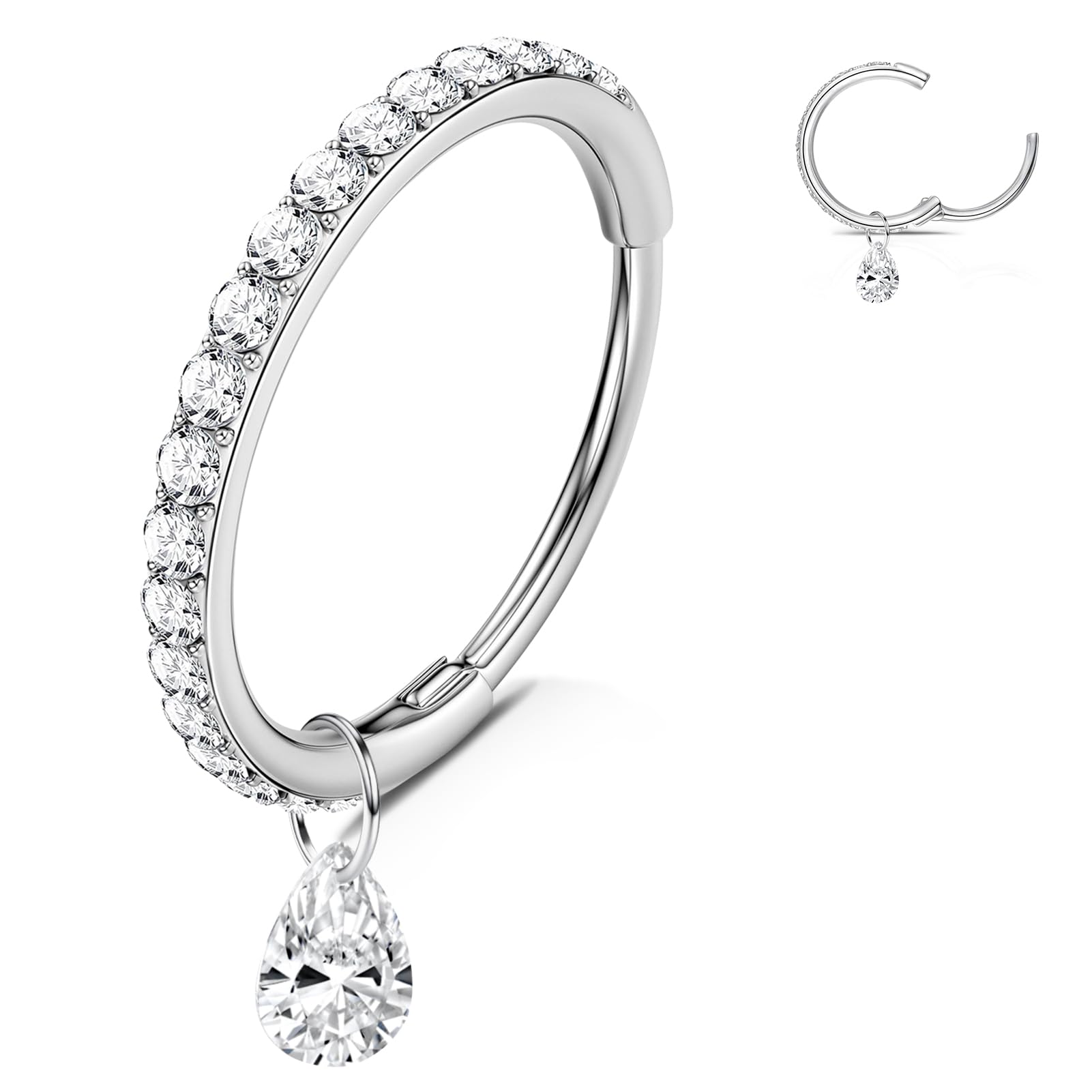 WBRWP 316L Stainless-Steel Hinged Nose Rings Hoop : Womens and Mens Ear Pierecing Dangle Ring with Zircon 18G(1.0mm) Septum Clic