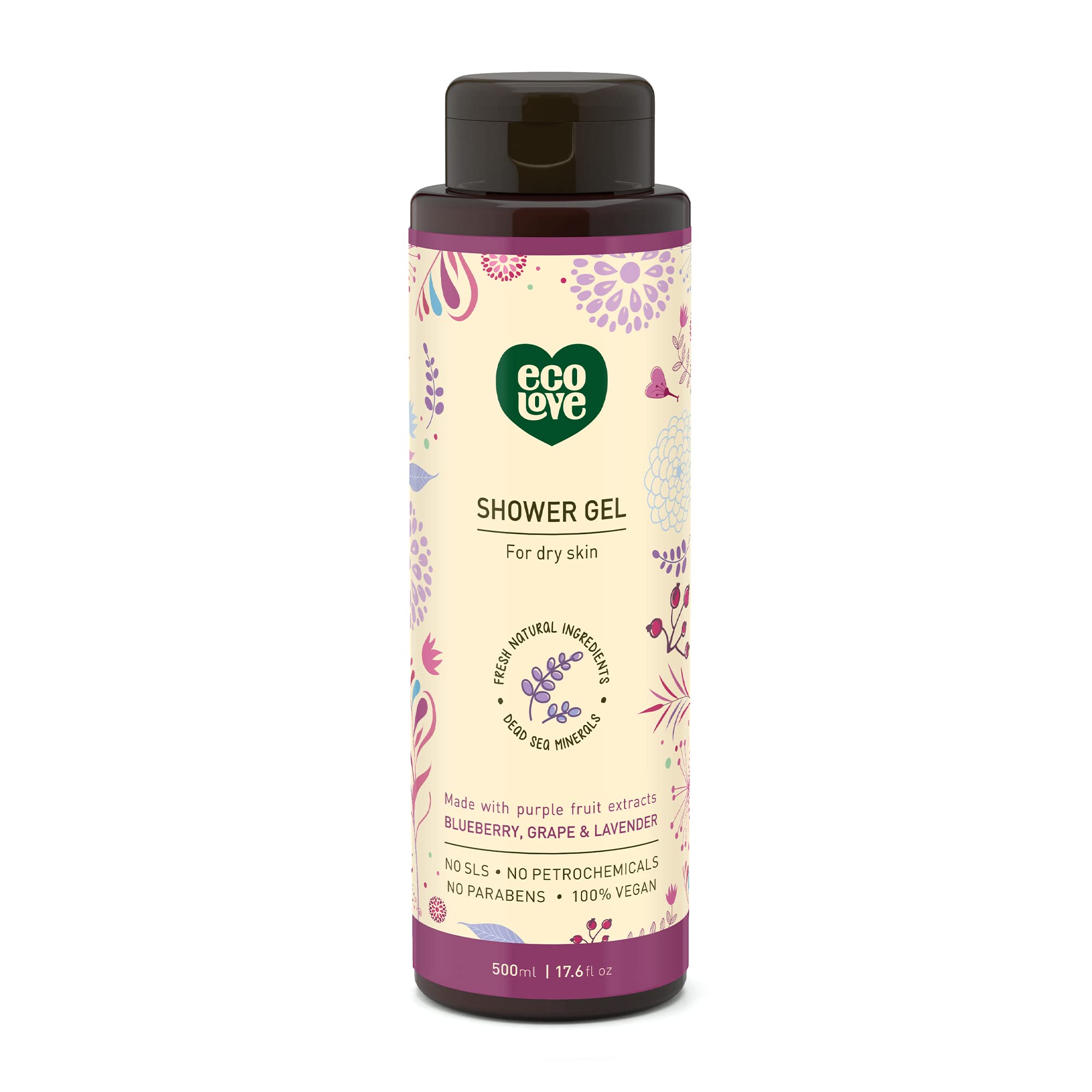 Ecolove - Natural Moisturizing Body Wash For Dry Skin - Organic Blueberry, Grape & Lavender - No Sls Or Parabens - Vegan And Cru
